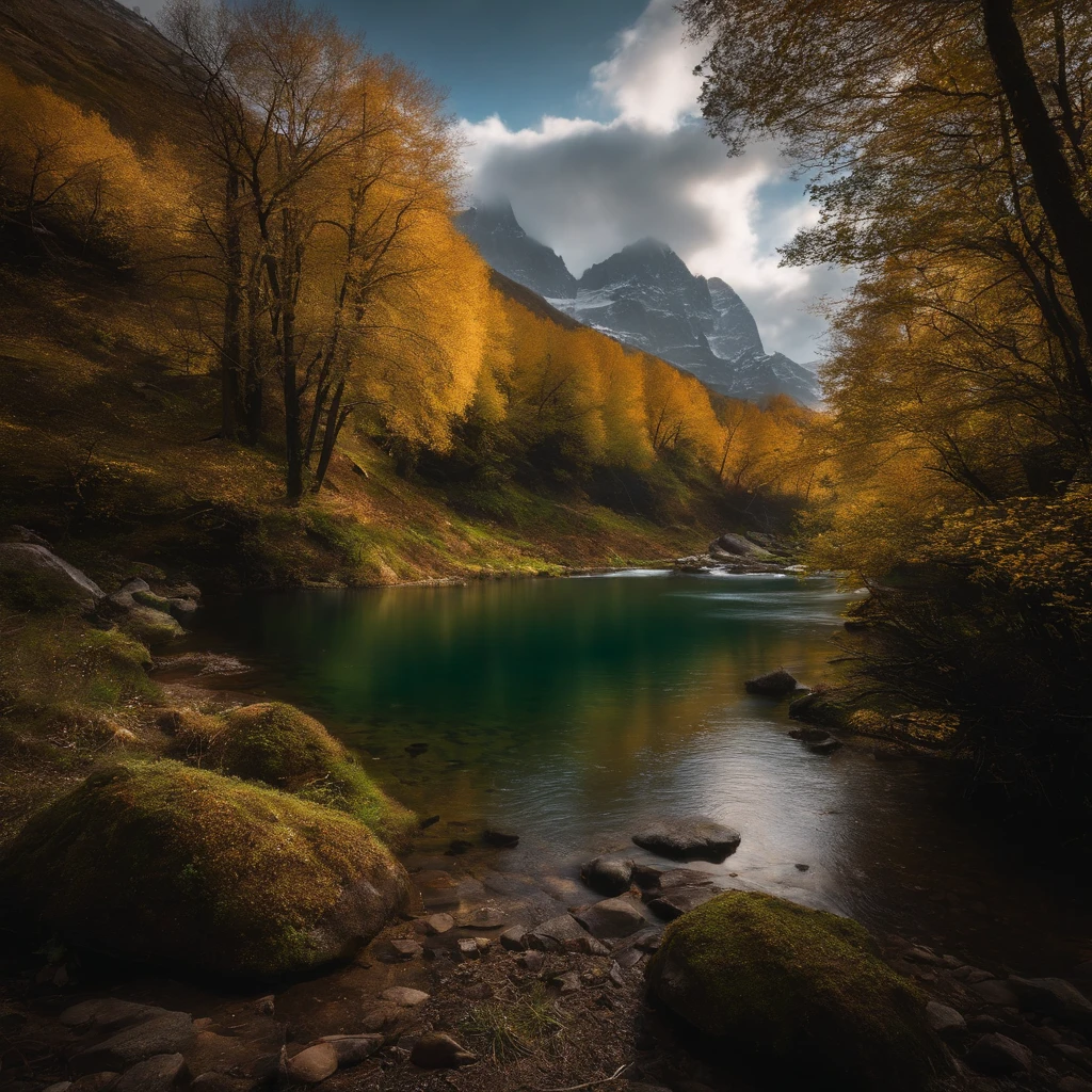 Alpine forest landscape photography,Rugged mountain roads,Clear and transparent lake,the trees,bushes,falling leaf,sun at dawn,Blurred vision,Cliffs and mountains,desolated,Aloneness,Cold,foggy sky,The morning sun that does not dazzle,Nightmare vision,Dark fantasy plot,Perfect and excellent composition,8K分辨率,the detail,limitations,Close-up ultra-wide angle shot,realisticlying,stunning skies,Colorful clouds float,true to life, Pubic area is clear, flawless perfection, Digital SLR, 1024, 2048, 4096, A detailed, Sharp, best qualtiy, high qulity, absurderes,unmanned background,The is very detailed、Detailed lighting shadows,Trends on ArtStation、iintricate、high detal、dramatics、(Volumetriclighting:1.2)hdr shot。(Close-up,Super deep view,ultra-wide-angle,Microfocal length lens:1.2)(realisticlying:1.4)tmasterpiece、high high quality、Beautiful photography,globalillumination