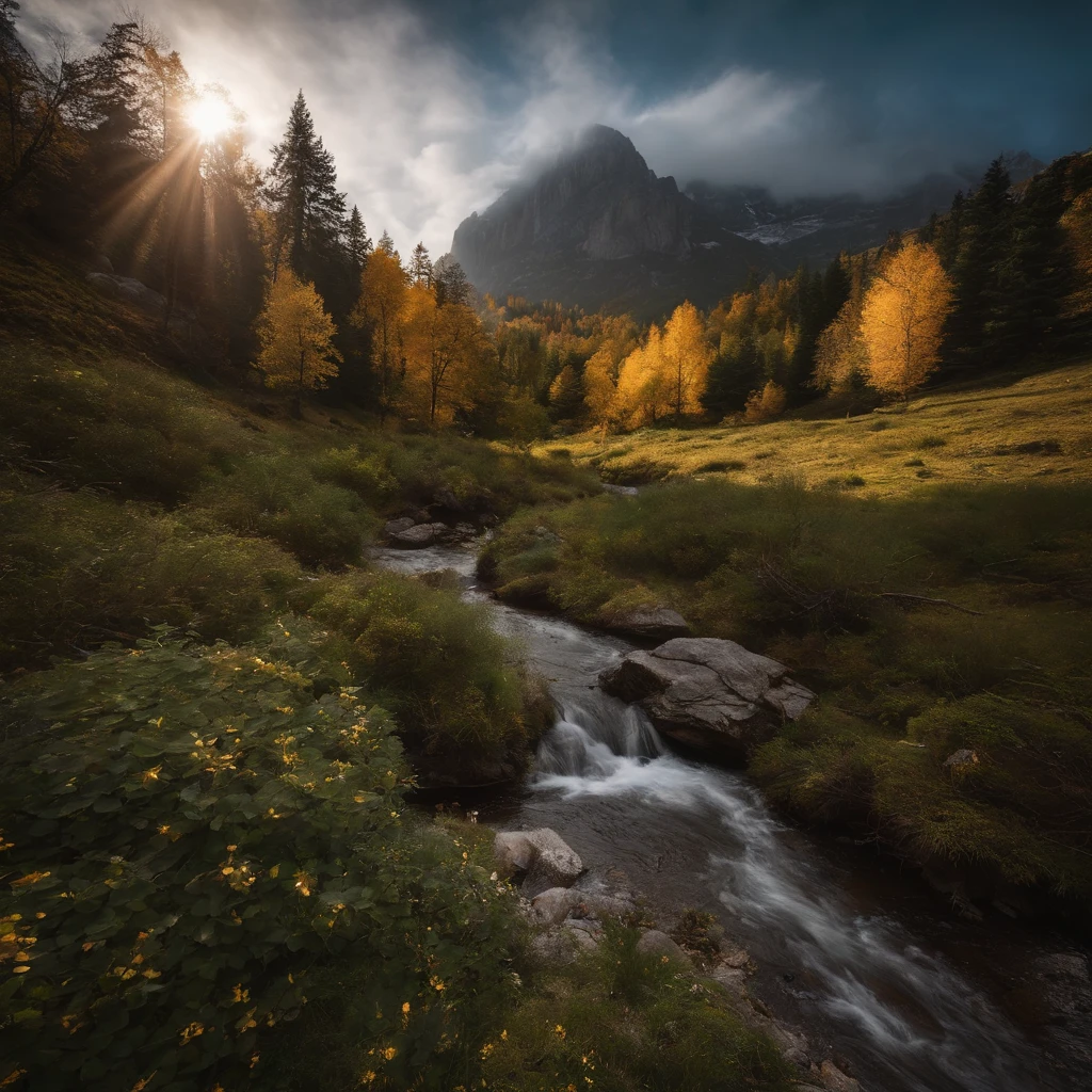 Alpine forest landscape photography，Rugged mountain roads，Clear and transparent lake，the trees，bushes，falling leaf，sun at dawn，Blurred vision，Cliffs and mountains，desolated，Aloneness，Cold，foggy sky，The morning sun that does not dazzle，Nightmare vision，Dark fantasy plot，Perfect and excellent composition，8K分辨率，the detail，limitations，Close-up ultra-wide angle shot，realisticlying，stunning skies,Colorful clouds float，true to life, Pubic area is clear, flawless perfection, Digital SLR, 1024, 2048, 4096, A detailed, Sharp, best qualtiy, high qulity, absurderes，unmanned background，The is very detailed、Detailed lighting shadows，Trends on ArtStation、iintricate、high detal、dramatics、（Volumetriclighting：1.2）hdr shot。（Close-up，Super deep view，ultra-wide-angle，Microfocal length lens：1.2）（realisticlying：1.4）tmasterpiece、high high quality、Beautiful photography，globalillumination