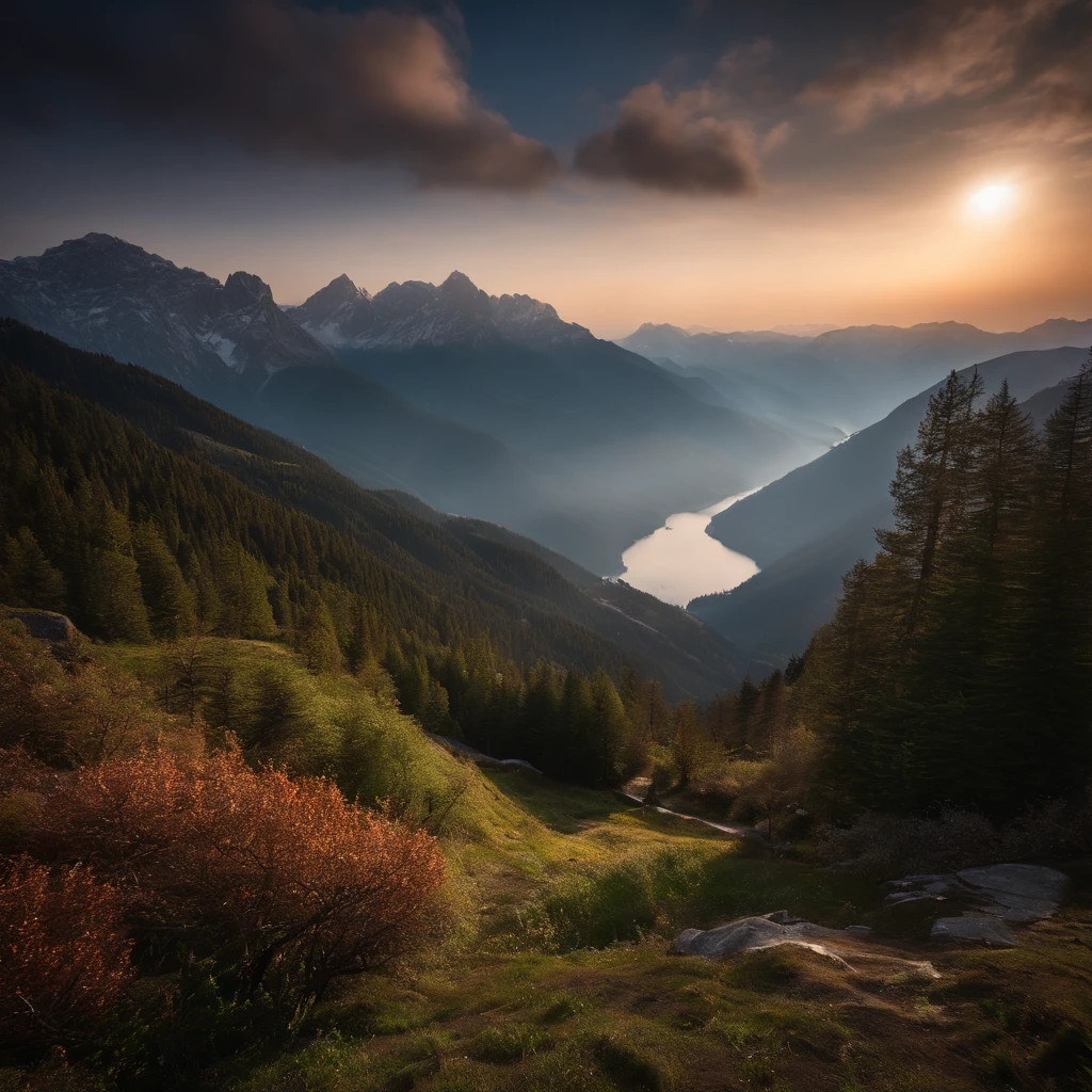 Alpine forest landscape photography，Rugged mountain roads，Clear and transparent lake，the trees，bushes，falling leaf，sun at dawn，Blurred vision，Cliffs and mountains，desolated，Aloneness，Cold，foggy sky，The morning sun that does not dazzle，Nightmare vision，Dark fantasy plot，Perfect and excellent composition，8K分辨率，the detail，limitations，Close-up ultra-wide angle shot，realisticlying，stunning skies,Colorful clouds float，true to life, Pubic area is clear, flawless perfection, Digital SLR, 1024, 2048, 4096, A detailed, Sharp, best qualtiy, high qulity, absurderes，unmanned background，The is very detailed、Detailed lighting shadows，Trends on ArtStation、iintricate、high detal、dramatics、（Volumetriclighting：1.2）hdr shot。（Close-up，Super deep view，ultra-wide-angle，Microfocal length lens：1.2）（realisticlying：1.4）tmasterpiece、high high quality、Beautiful photography，globalillumination