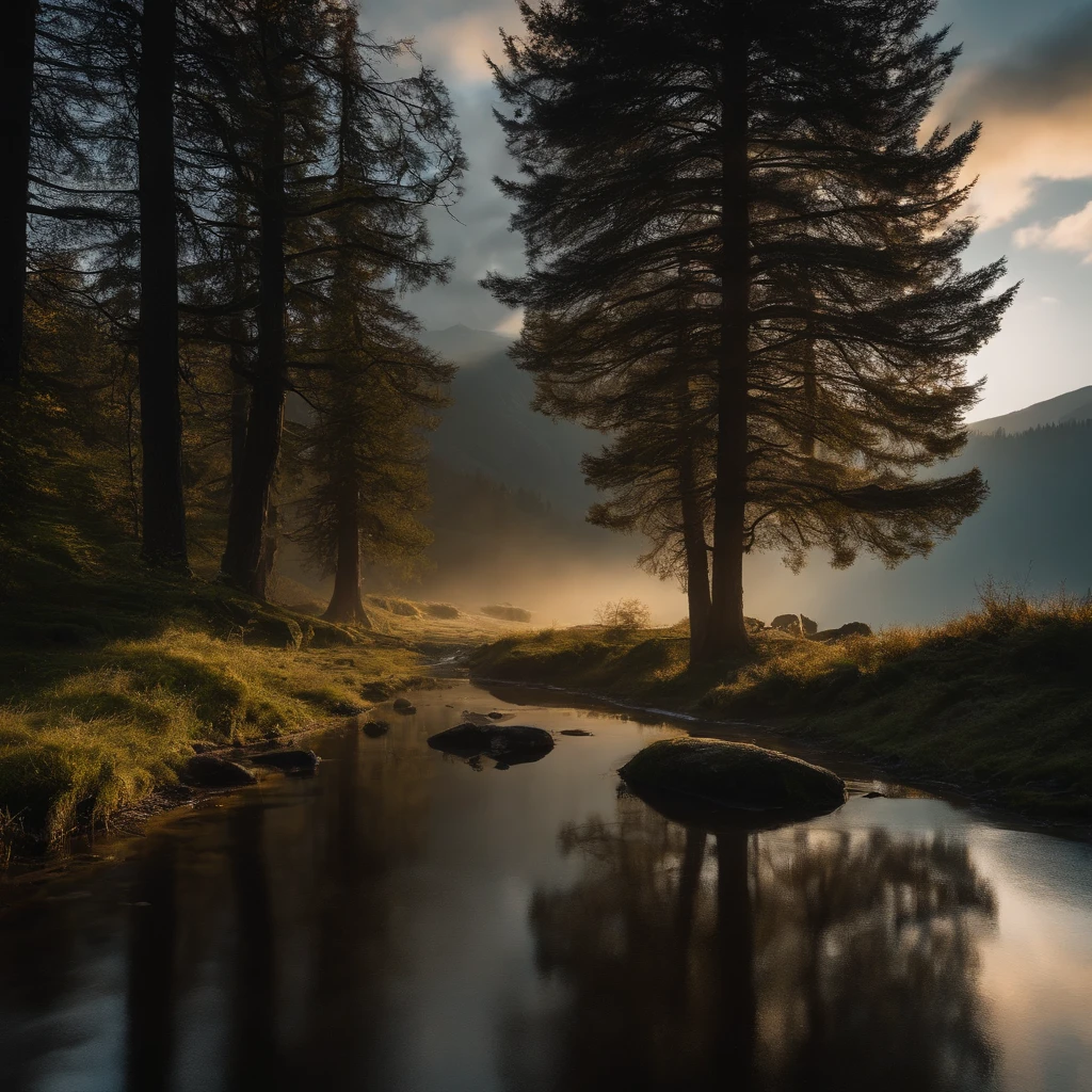 Alpine forest landscape photography，Rugged mountain roads，Clear and transparent lake，the trees，bushes，falling leaf，sun at dawn，Blurred vision，Cliffs and mountains，desolated，Aloneness，Cold，foggy sky，The morning sun that does not dazzle，Nightmare vision，Dark fantasy plot，Perfect and excellent composition，8K分辨率，the detail，limitations，Close-up ultra-wide angle shot，realisticlying，stunning skies,Colorful clouds float，true to life, Pubic area is clear, flawless perfection, Digital SLR, 1024, 2048, 4096, A detailed, Sharp, best qualtiy, high qulity, absurderes，unmanned background，The is very detailed、Detailed lighting shadows，Trends on ArtStation、iintricate、high detal、dramatics、（Volumetriclighting：1.2）hdr shot。（Close-up，Super deep view，ultra-wide-angle，Microfocal length lens：1.2）（realisticlying：1.4）tmasterpiece、high high quality、Beautiful photography，globalillumination