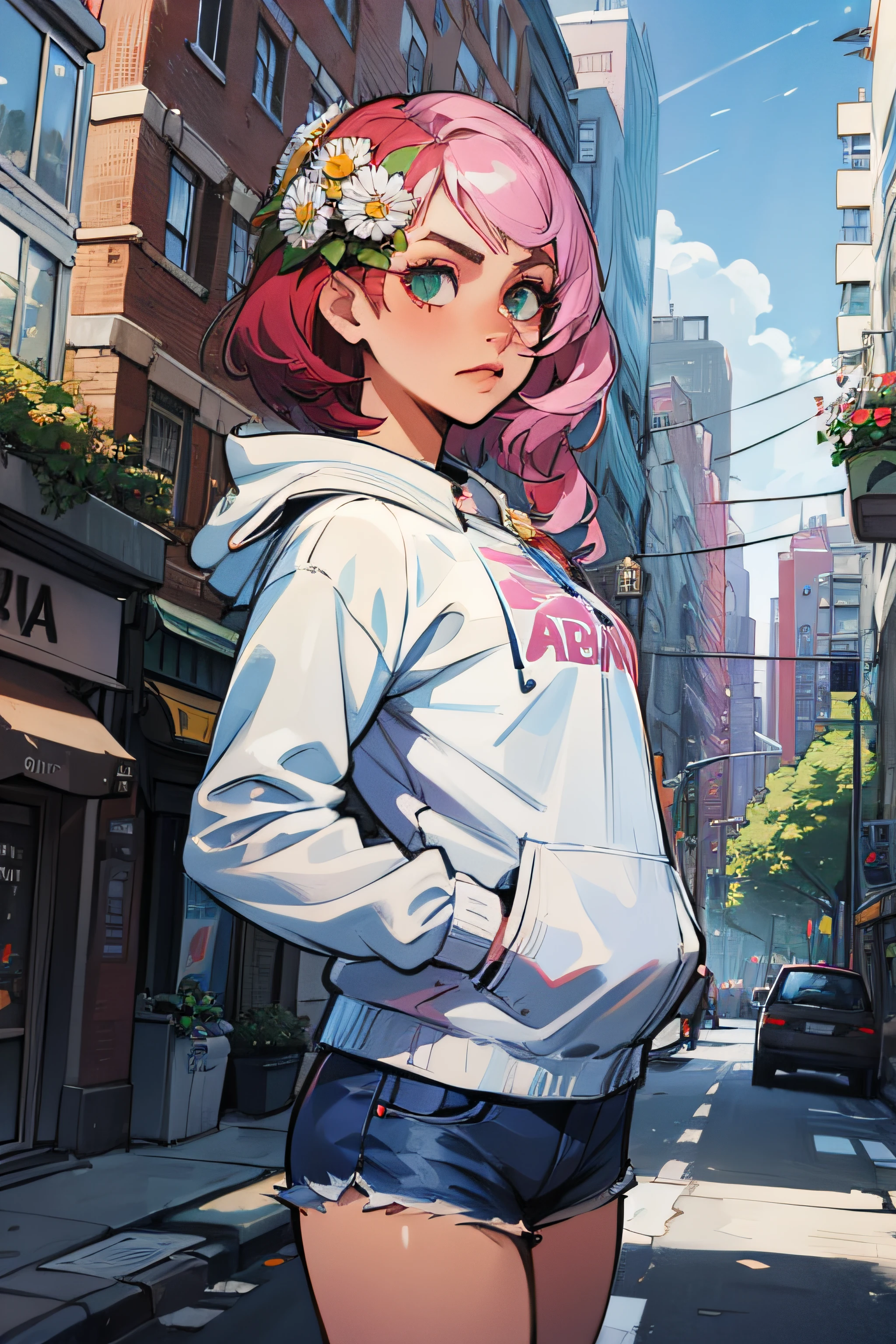 ,melhor qualidade,1girl,Alisa,cabelos multicoloridos,Flor do cabelo,mechanical wings,Uniforme escolar,surpreso,rua,Tekken7