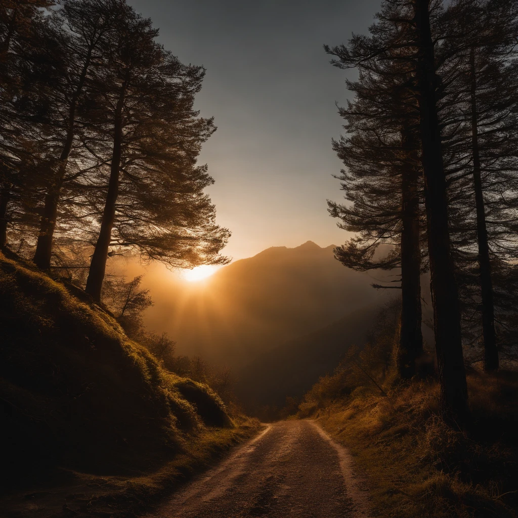 Alpine forest landscape photography,Rugged mountain roads,Clear and transparent lake,the trees,bushes,falling leaf,sun at dawn,Blurred vision,Cliffs and mountains,desolated,Aloneness,Cold,foggy sky,The morning sun that does not dazzle,Nightmare vision,Dark fantasy plot,Perfect and excellent composition,8K分辨率,the detail,limitations,Close-up ultra-wide angle shot,realisticlying,stunning skies,Colorful clouds float,true to life, Pubic area is clear, flawless perfection, Digital SLR, 1024, 2048, 4096, A detailed, Sharp, best qualtiy, high qulity, absurderes,unmanned background,The is very detailed、Detailed lighting shadows,Trends on ArtStation、iintricate、high detal、dramatics、(Volumetriclighting:1.2)hdr shot。(Close-up,Super deep view,ultra-wide-angle,Microfocal length lens:1.2)(realisticlying:1.4)tmasterpiece、high high quality、Beautiful photography,globalillumination