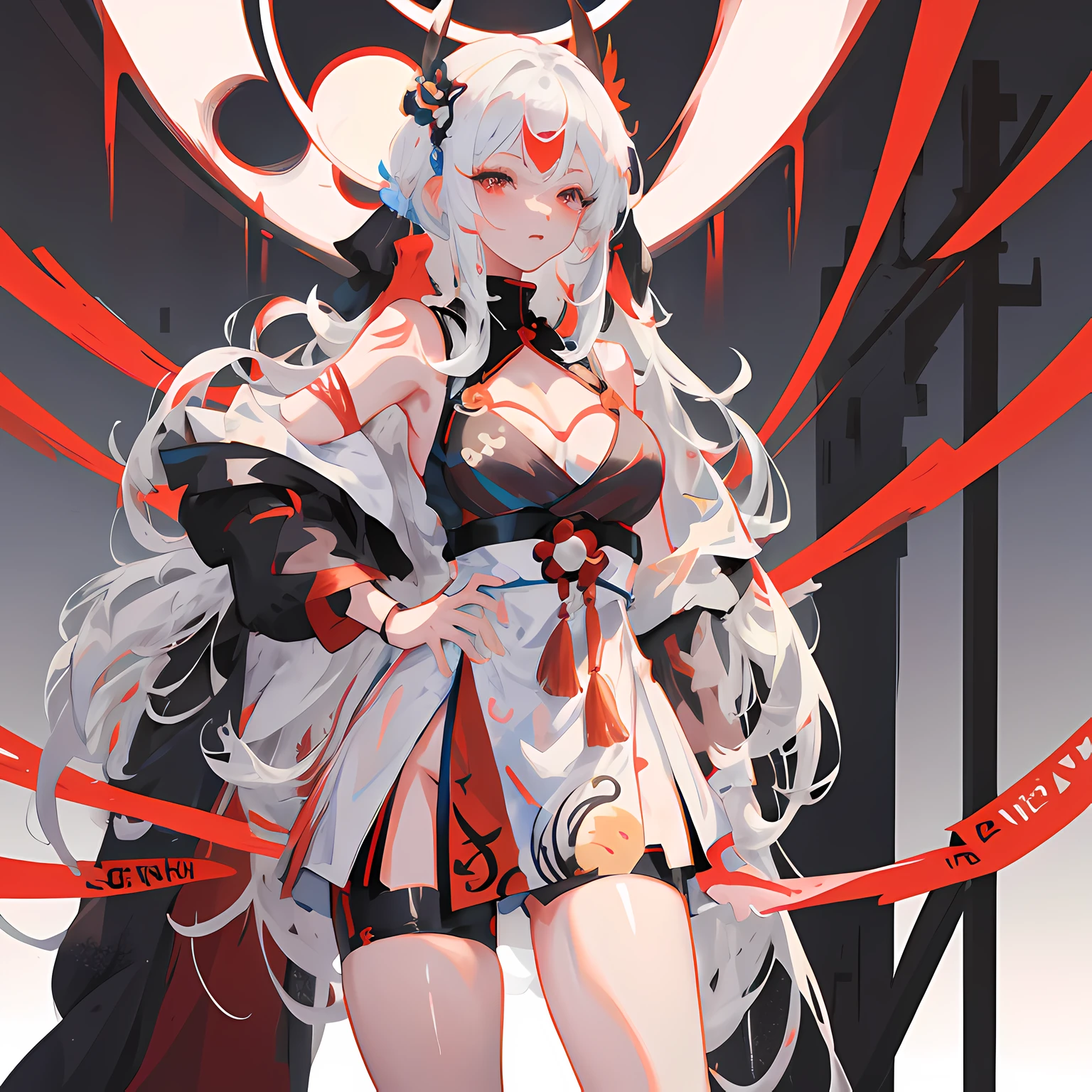 anime girl with white hair and red dress posing in front of a red and black background, onmyoji, best anime 4k konachan wallpaper, onmyoji detailed art, onmyoji portrait, from arknights, trending on artstation pixiv, digital art on pixiv, white haired deity, anime art wallpaper 8 k, zerochan art