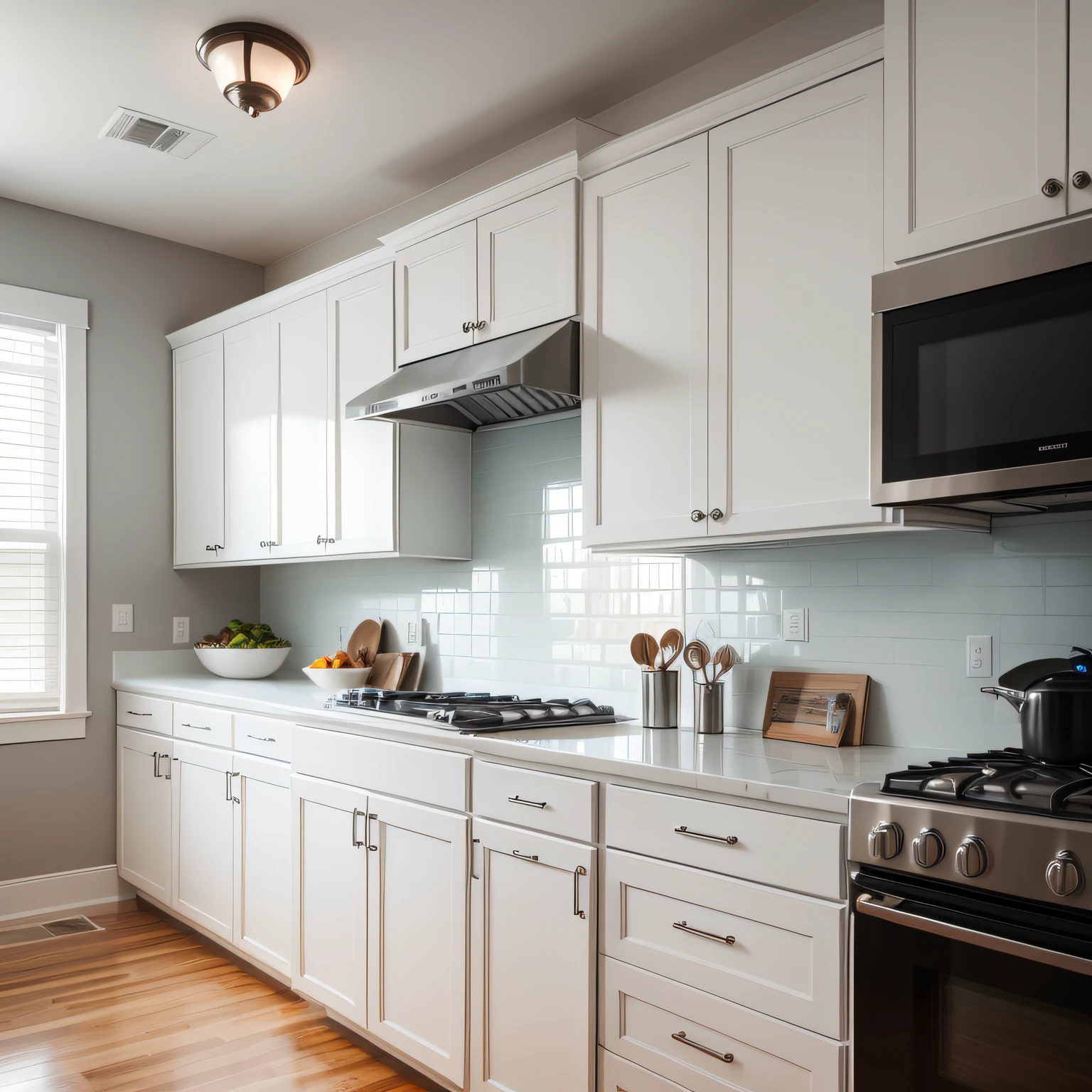 white cabinets and gray countertop with Functional Hardware