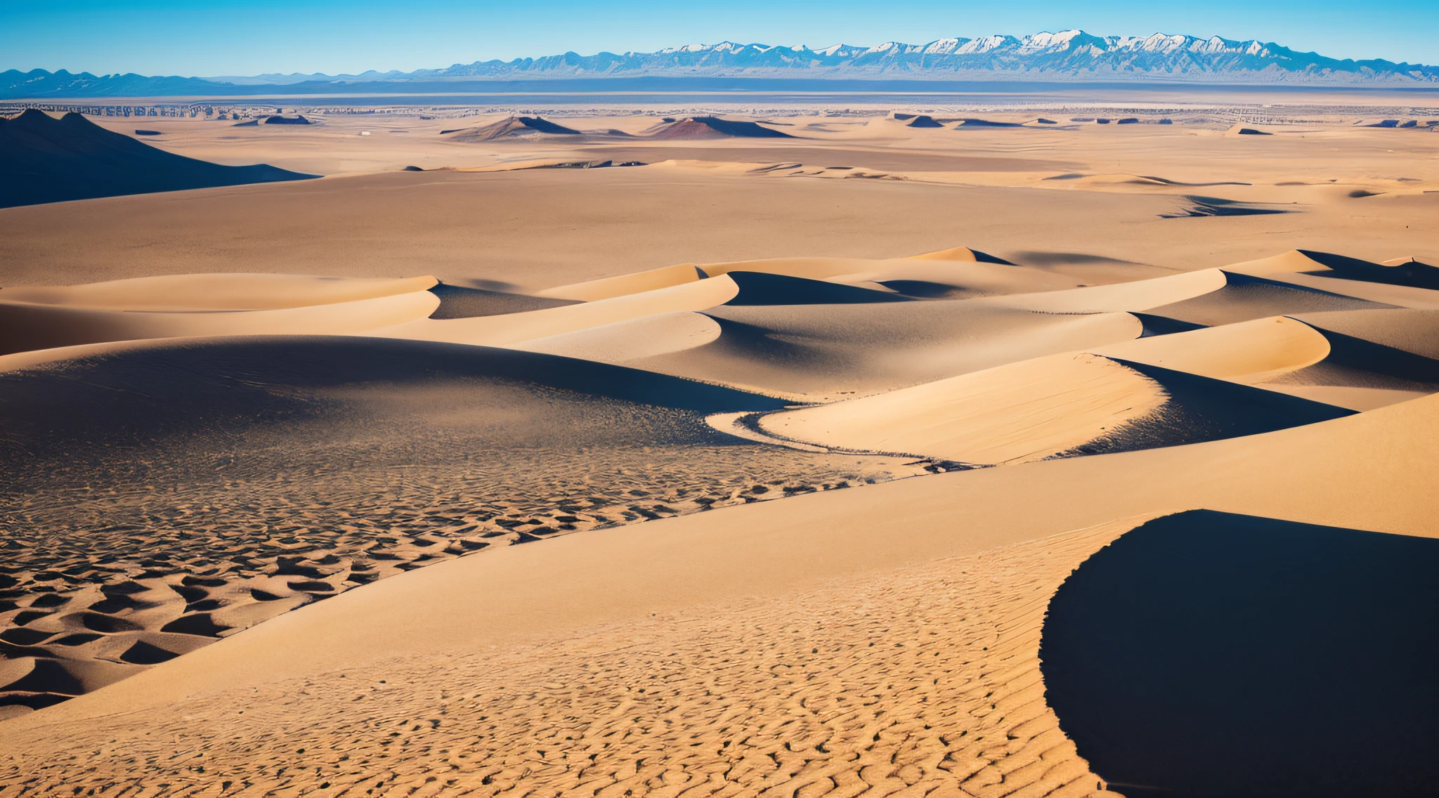 A sweeping view of the expansive Nevada desert, with golden sands stretching to the horizon beneath a clear blue sky.