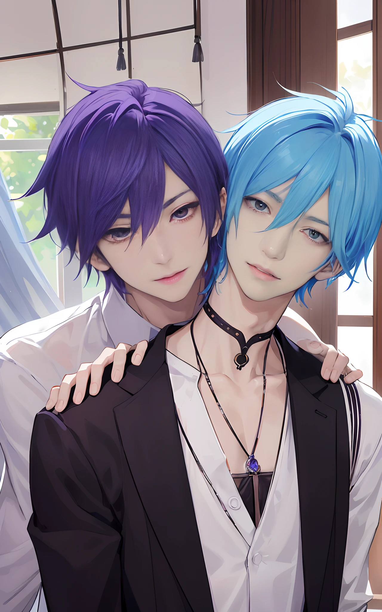 masterpiece, top-quality, 2Others, Male couple, 1 man and 1,, Adults, Height difference, different fashion, different color, finely eye and detailed face, intricate detailes, Casual clothing, window, A smile, Happiness, tenderness, queers, Boys Love, high-level image quality、 selfee, Two beautiful men、tall、The upper part of the body、nightfall、nighttime scene、𝓡𝓸𝓶𝓪𝓷𝓽𝓲𝓬、Korean Male, Idol Photos, k pop, Professional Photos, Vampires, Korean fashion in black and white, Fedoman with necklace, inspired by Sim Sa-jeong, androgynous vampire, :9 detailed face: 8, extra detailed face, detailed punk hair, ((eyes are brown)) baggy eyes, Seductive. Highly detailed, semi realistic anime, Vampires, hyperrealistic teen, delicate androgynous prince, imvu, short hair above the ears, Man with short hair, With a purple-haired man with a wild expression, Man with light blue hair with gentle expression, ((With a short-haired man with bright purple hair)), ((Man with light blue hair))