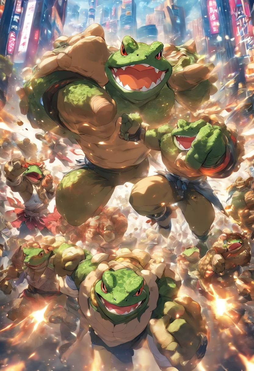 ((cinematic photography)), ((tmasterpiece)), 2 Anthropomorphic humanoid toads in fighting clothes, Fighting in the ring, intricate detials, intricate Greebles figures, The city behind, muscled body, muscular arms, Fighters, Strong