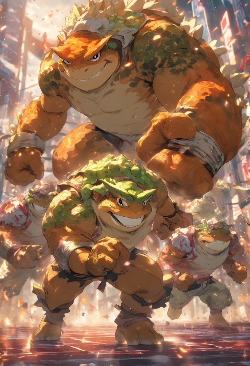 ((cinematic photography)), ((tmasterpiece)), 2 Anthropomorphic humanoid toads in fighting clothes, Fighting in the ring, intricate detials, intricate Greebles figures, The city behind, muscled body, muscular arms, Fighters, Strong