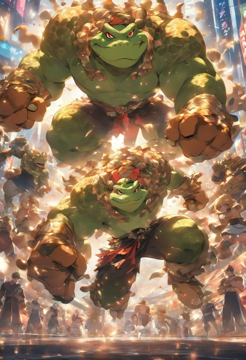 ((cinematic photography)), ((tmasterpiece)), 2 Anthropomorphic humanoid toads in fighting clothes, Fighting in the ring, intricate detials, intricate Greebles figures, The city behind, muscled body, muscular arms, Fighters, Strong