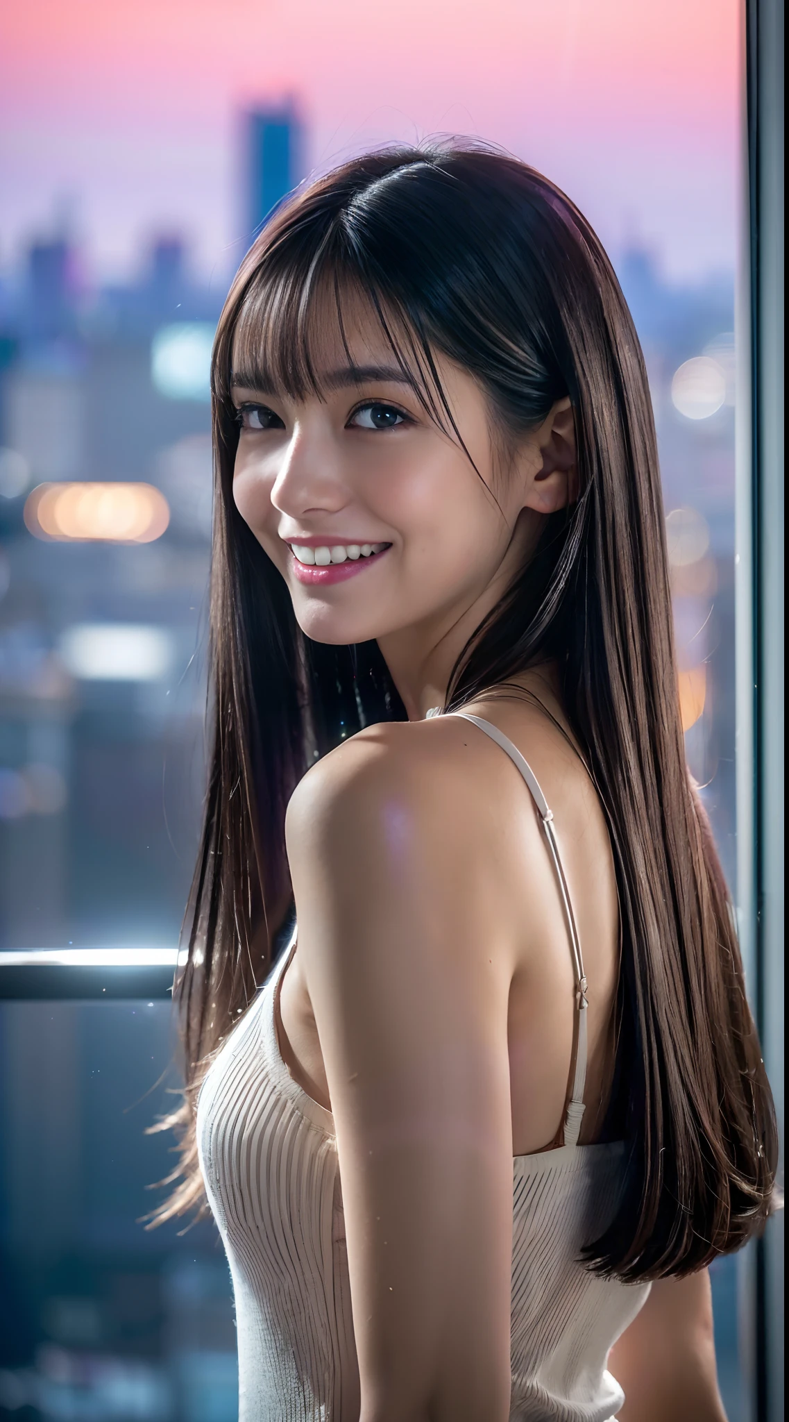1girl in,beautiful vintage color, Instagram (Photorealistic, High resolution:1.4),, Looking at Viewer, , Full body (8K, Raw photo, Best Quality, masutepiece:1.2), (Realistic, Photorealsitic:1.37),(Sharp Focus:1.2), Professional Lighting, Photon mapping, Radio City, Physically-based rendering, (pale skin:1.2),(small tits:1.2), Looking at Viewer, (Middle hair:1.5),, Purple eyes, (sliver hair:1.1),Bangs, ( City Background:1.4), Solo, Upper body, Realistic,(masutepiece:1.4),(Best Quality:1.4),(Shiny skin),fashi-girl,makeup,Smile(skinny,Closed mouth,Shy :1.3) , Shoulder,A Necromancer:1.1),Petite bust