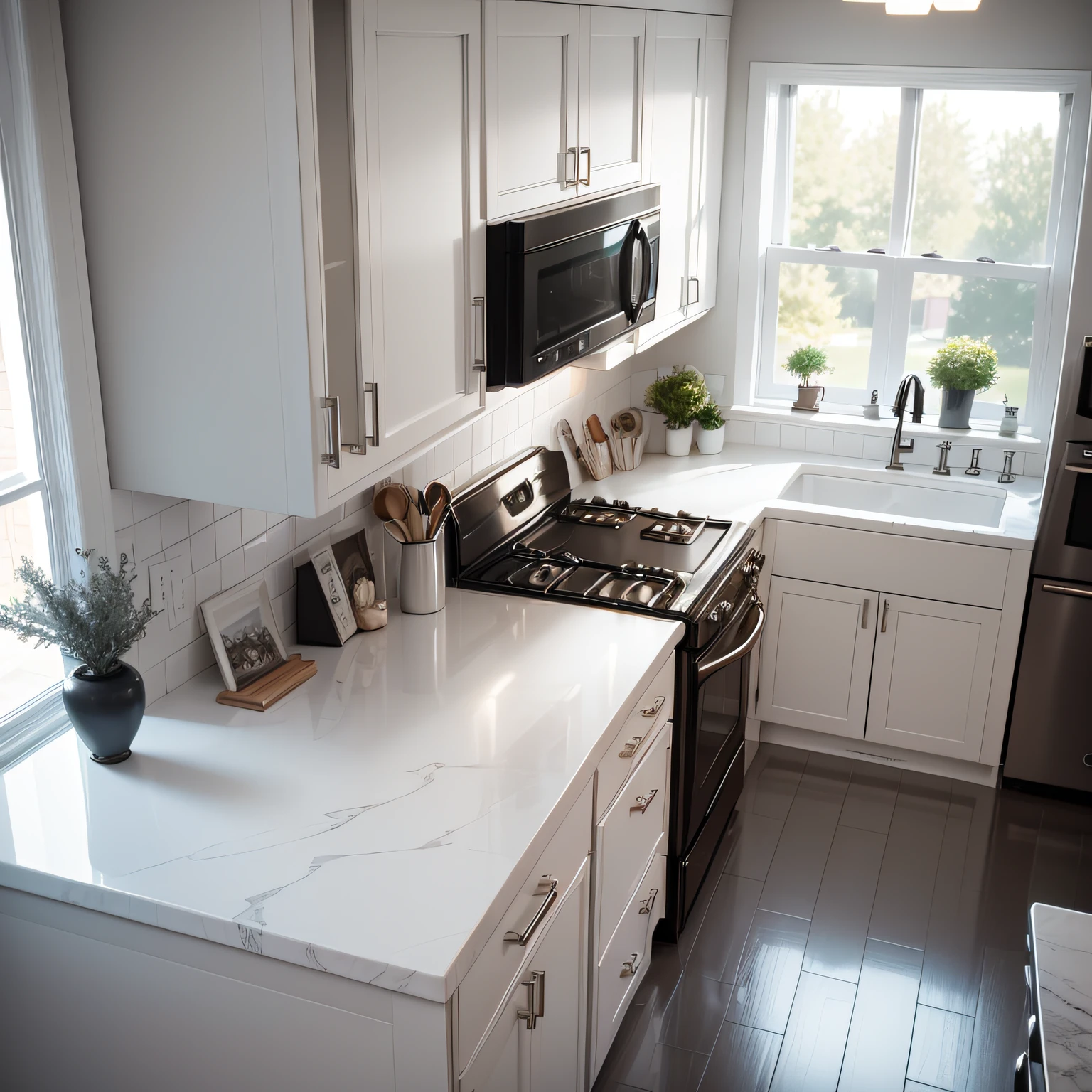 white cabinets and gray countertop with  Illumination