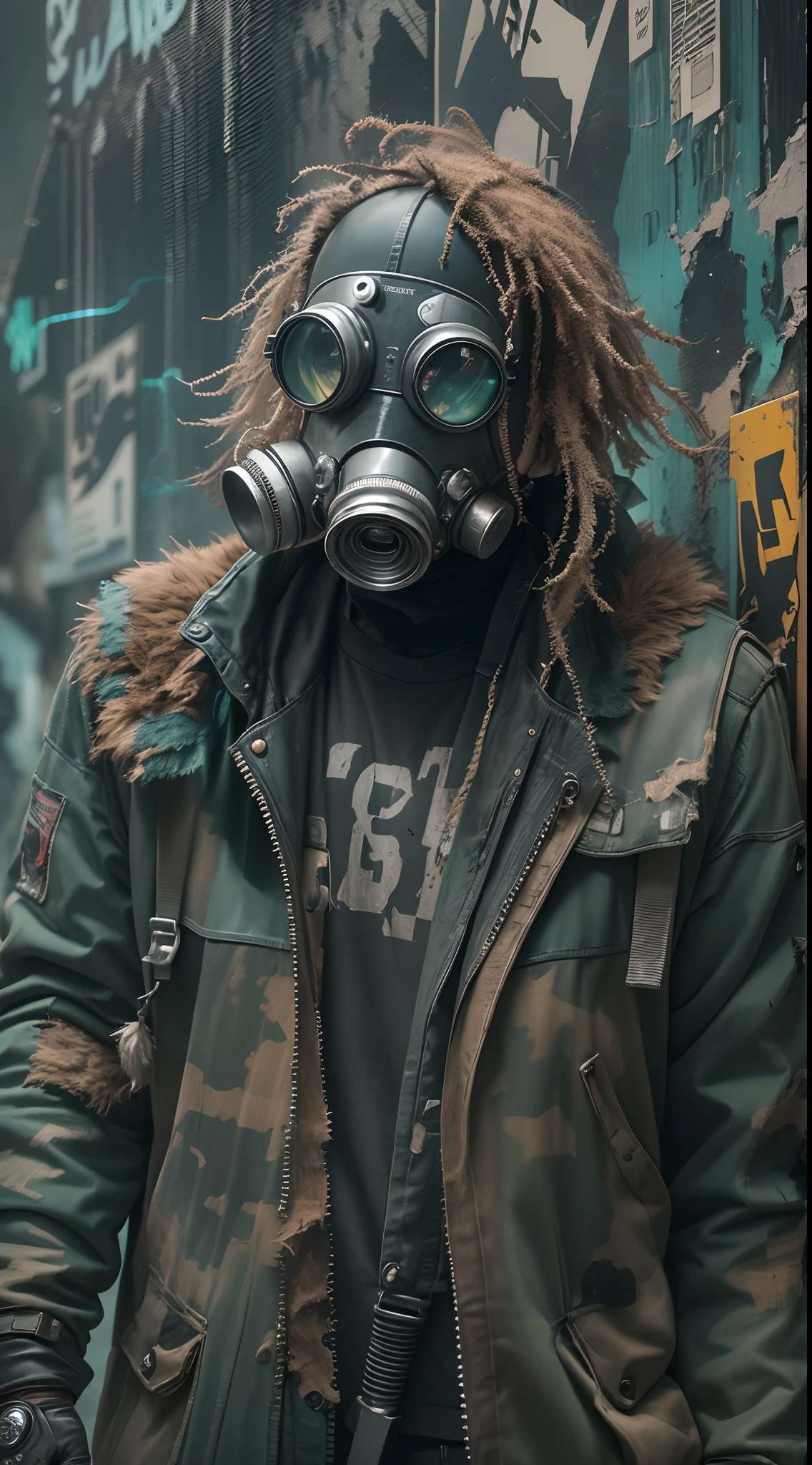 (best quality,4k,highres,masterpiece:1.2),ultra-detailed,realistic,post-apocalyptic punk singer,desolate wasteland,gloomy atmosphere,graffiti-covered walls,crumbling buildings,dystopian cityscape,rebels in gas masks,ashen sky,broken neon signs,overgrown vegetation,resilient and defiant,edgy fashion,metallic accessories,robotic enhancements,smoke and fog effects,surrounded by makeshift stage equipment,mesmerizing stage presence,dynamic lighting,industrial soundscapes,energetic performance,electrifying music,blazing pyrotechnics,vivid colors,harsh and gritty textures,distorted and glitchy visuals