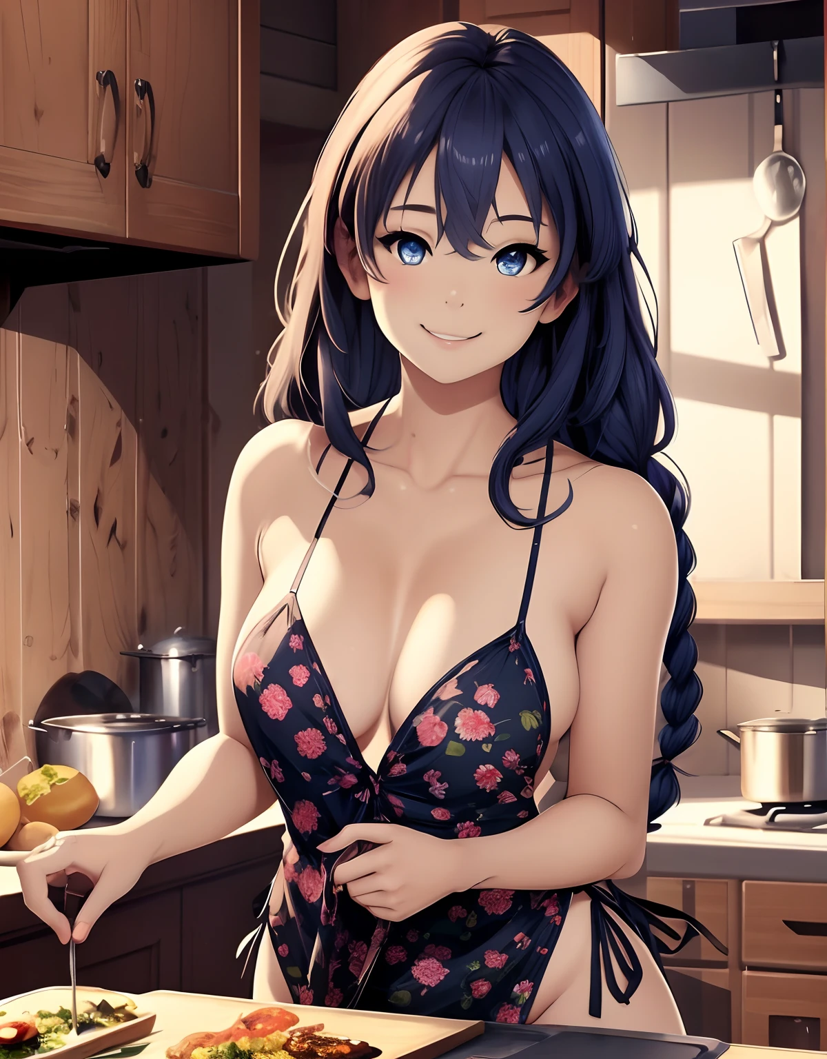 (Best Quality, Masterpiece), Front cover of a women's cooking magazine, , naked, erotic, 18+, nsfw, 1girl, 30 years old, stunning, cute, heartwarming smile, hourglass figure, wearing floral dress, pinny apron, beautiful food, text, diagrams, advertisements, magazine title, long blue hair