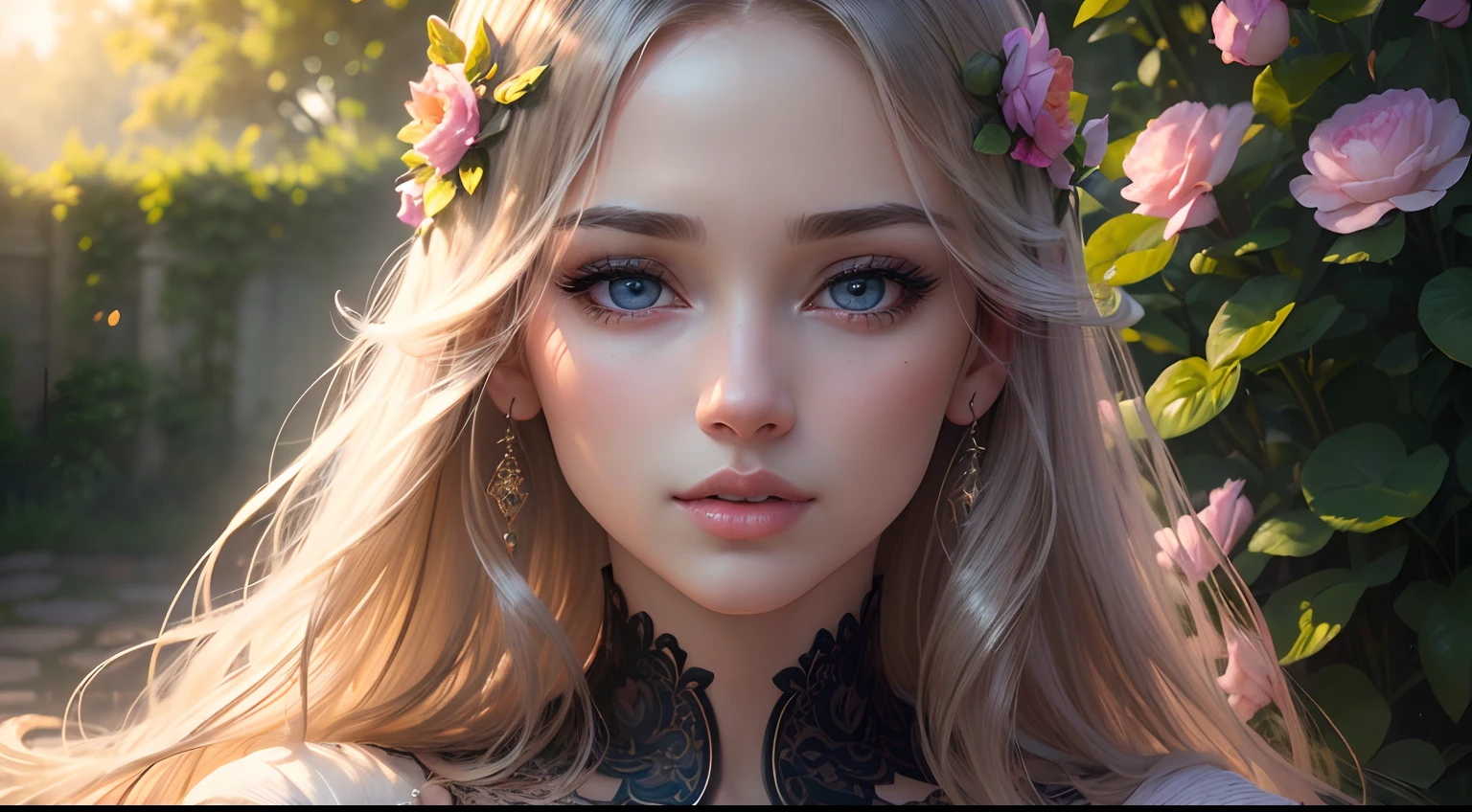 (best quality,4k,8k,highres,masterpiece:1.2),ultra-detailed,(realistic,photorealistic,photo-realistic:1.37),beautiful detailed eyes,beautiful detailed lips,extremely detailed eyes and face,longeyelashes,1girl,illustration,gorgeous dress,flowing hair,garden background,vibrant colors,sunlit,soft lighting