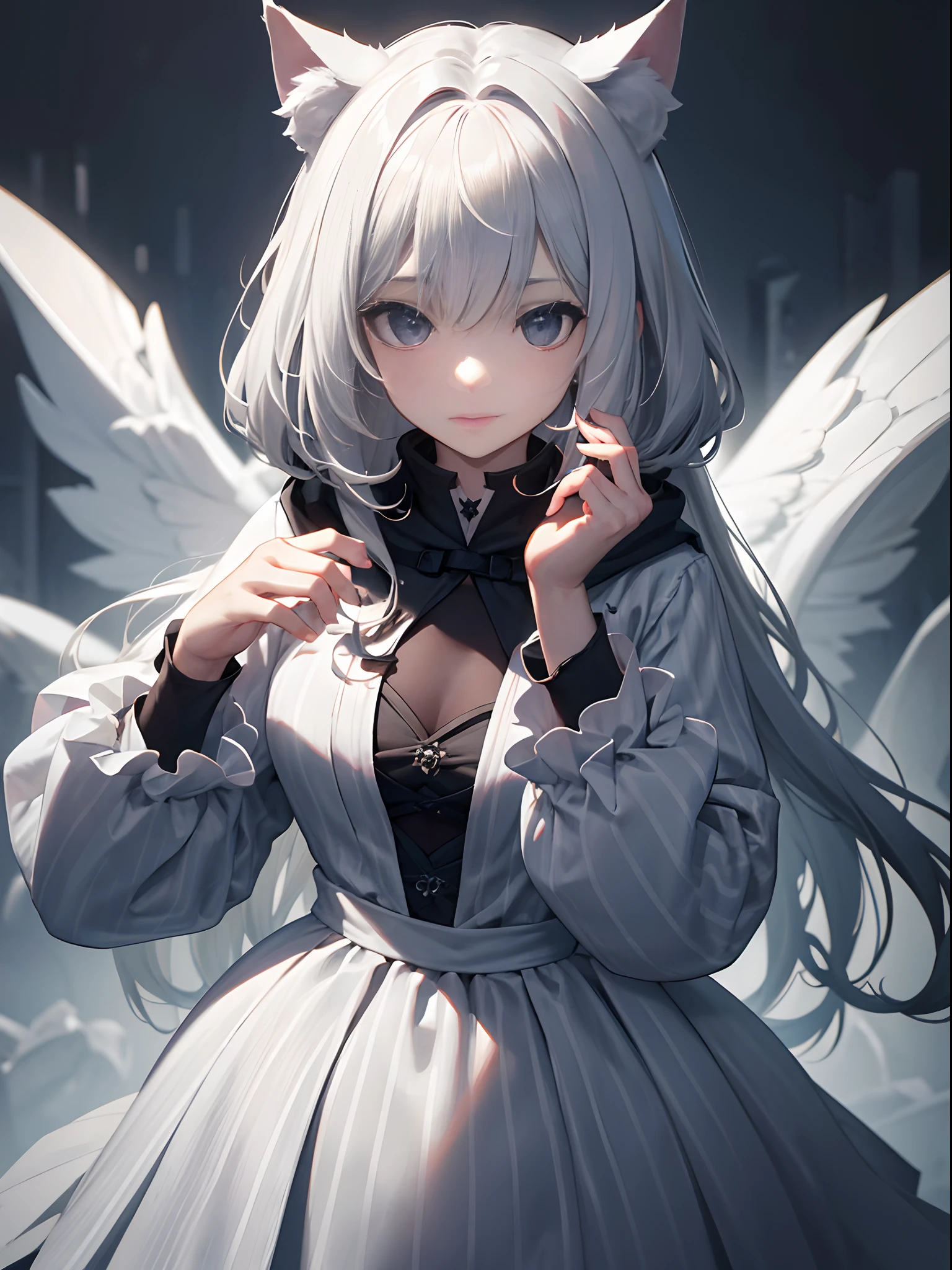 With a girl in a cute hood wrapped in thick fog, Emerge from the swirling shadows. Stand in the Cemetery of Forgotten Souls. (Light grey and light white striped hair:1.3,), Perfect face, Proper body proportion, masterpiece, Super high-quality, 超A high resolution, Intricate details, Very delicate and beautiful hair, photograph realistic, Dreamy, Professional Lighting, realistic shadow, Solo Focus, Beautiful hands, Beautiful fingers, Detailed finger features, detailed clothes features, Detailed hair features, detailed facial features, cat ears