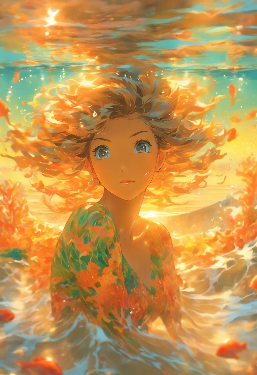 An ethereal presence emerges from the seascape, seu corpo, literalmente, made of water in constant fluidity and movement. Its form is a liquid and translucent representation, almost ethereal, enquanto seu vestido amarelo, that extends to your knees, it seems to be an intrinsic part of this watery body. Their hair is made of seaweed, as living and serene expanses of the ocean, adding a touch of mystery and beauty to your unique figure. Seus olhos, um par de esmeraldas brilhantes, reflect the magical colors of the sunset that paints the sky over the stunning coral reef where she is immersed. Ela se encontra ali, em completa harmonia com a natureza, enjoying the magnificent scene as the daylights merge with the enchanting reflections of the ocean, as her liquid body echoes the wonder that surrounds her.