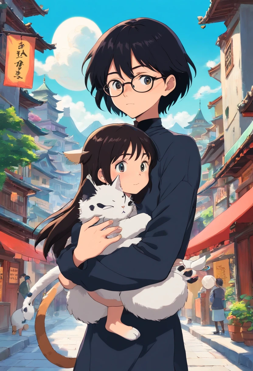 a man with black hair and white skin holding a healing potion taking care of a girl wearing a black choker and black clothes, in a beautiful city, colorful animation stills, masami teraoka, aquamarine, paul gauguin, Embry style, honest portrayal, black hair, pale, white skin, glasses, short hair, cute, with a cat