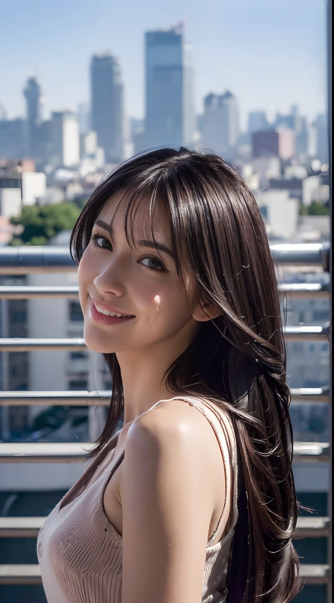 1girl in,beautiful vintage color, Instagram (Photorealistic, High resolution:1.4),, Looking at Viewer, , Full body (8K, Raw photo, Best Quality, masutepiece:1.2), (Realistic, Photorealsitic:1.37),(Sharp Focus:1.2), Professional Lighting, Photon mapping, Radio City, Physically-based rendering, (pale skin:1.2),(small tits:1.2), Looking at Viewer, (Middle hair:1.5),, Purple eyes, (sliver hair:1.1),Bangs, ( City Background:1.4), Solo, Upper body, Realistic,(masutepiece:1.4),(Best Quality:1.4),(Shiny skin),fashi-girl,makeup,Smile(skinny,Closed mouth,Shy :1.3) , Shoulder,A Necromancer:1.1),Petite bust