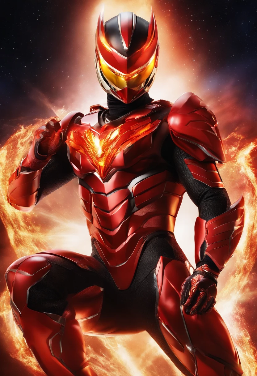 Transformation Hero,Dragon motif,Image colorsRed and yellow,Sentai Hero,Kamen Rider,Biological Suit,Muscular decoration,Hero Suit,An 18-year-old man,The image is a flame,Shining red light on space background,Delicately drawn live-action wallpaper