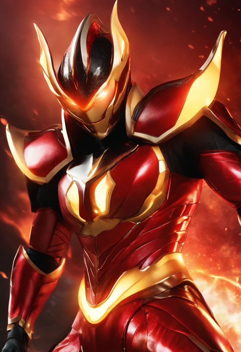 Transformation Hero，Dragon motif，Image colorsRed and yellow，Sentai Hero，Kamen Rider，Biological Suit，Muscular decoration，Hero Suit，An 18-year-old man，The image is a flame，Shining red light on space background，Delicately drawn live-action wallpaper