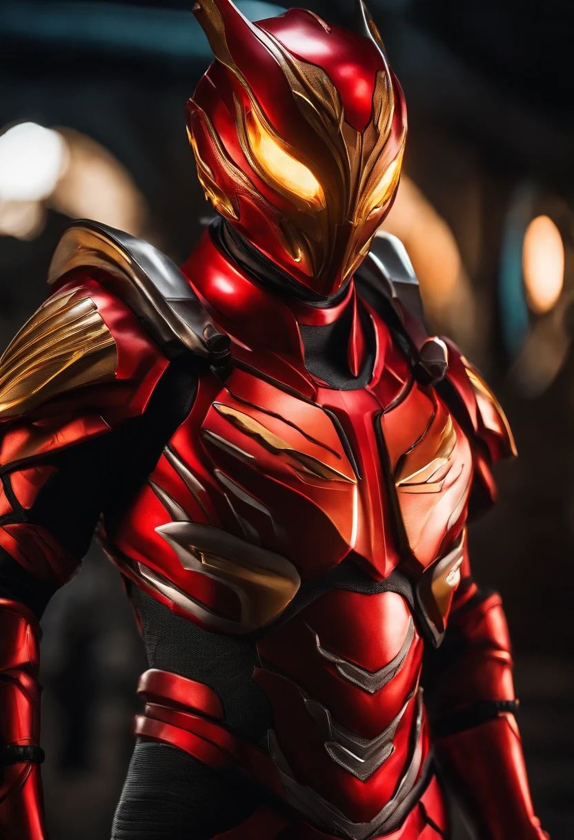 Transformation Hero，Dragon motif，Image colorsRed and yellow，Sentai Hero，Kamen Rider，Biological Suit，Muscular decoration，Hero Suit，An 18-year-old man，The image is a flame，Shining red light on space background，Delicately drawn live-action wallpaper