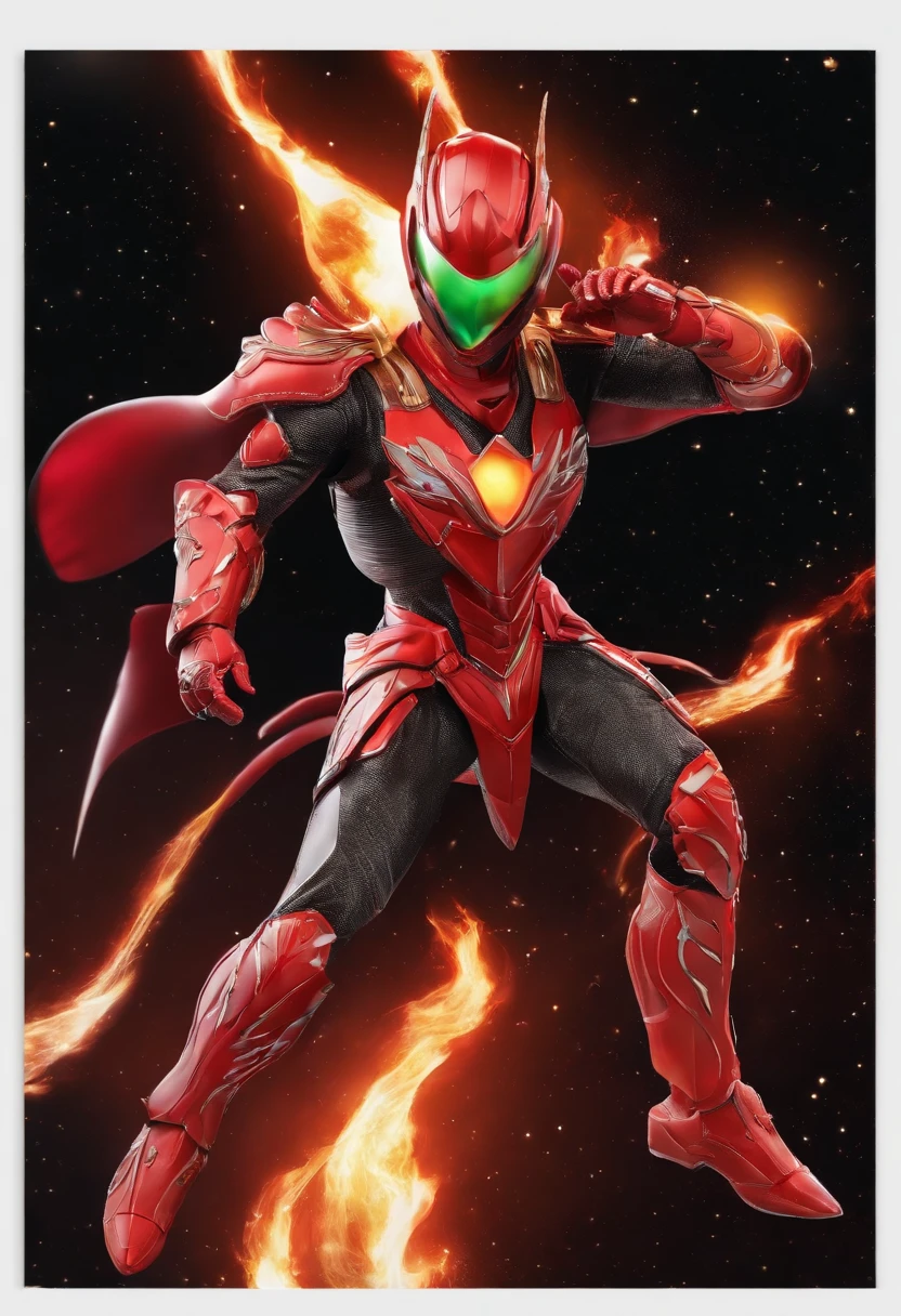 Transformation Hero,Dragon motif,Image colorsRed and yellow,Sentai Hero,Kamen Rider,Biological Suit,Muscular decoration,Hero Suit,An 18-year-old man,The image is a flame,Shining red light on space background,Delicately drawn live-action wallpaper