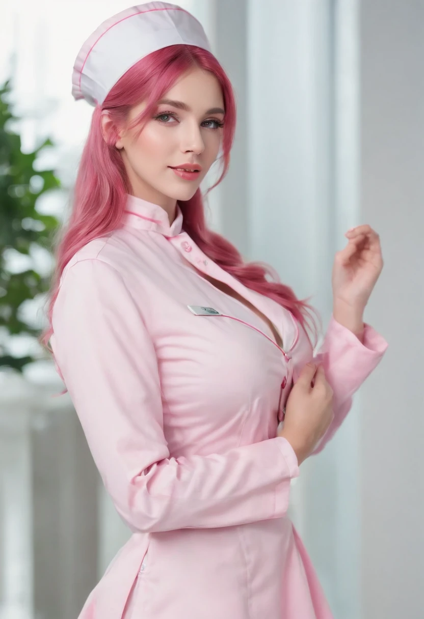 1fille, Chef-d oeuvre, Best quality, complexe, Portrait de Nei, ((NEI du jeu Phantasy Star 2)), photoreallistic, Beautiful goddess young woman,((Extremely detailed pink eyes Iris)), ((very long pink hair)), ((Pink nurse's cap)), ((sourcils roses)), ((elf ears)), ((Grand sourire)), ((dents visibles)), ((Wear a detailed sexy pink nurse's blouse)), ((Bas blancs)), ((Pink nurse's short skirt)), ((Posant)), A detailed hospital lobby in the background, Natural morning lighting, Digital Art Station, visage parfait, Disque dur, 32K, 4k background, high resolucion, Ultra pointu, corps parfait, ((visage parfait)), ((petits seins)) --auto