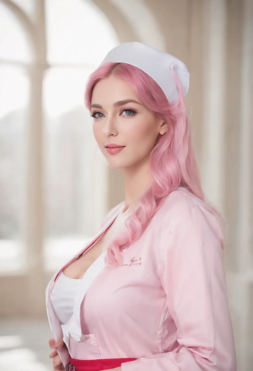 1fille, Chef-d oeuvre, Best quality, complexe, Portrait de Nei, ((NEI du jeu Phantasy Star 2)), photoreallistic, Beautiful goddess young woman,((Extremely detailed pink eyes Iris)), ((very long pink hair)), ((Pink nurse's cap)), ((sourcils roses)), ((elf ears)), ((Grand sourire)), ((dents visibles)), ((Wear a detailed sexy pink nurse's blouse)), ((Bas blancs)), ((Pink nurse's short skirt)), ((Posant)), A detailed hospital lobby in the background, Natural morning lighting, Digital Art Station, visage parfait, Disque dur, 32K, 4k background, high resolucion, Ultra pointu, corps parfait, ((visage parfait)), ((petits seins)) --auto