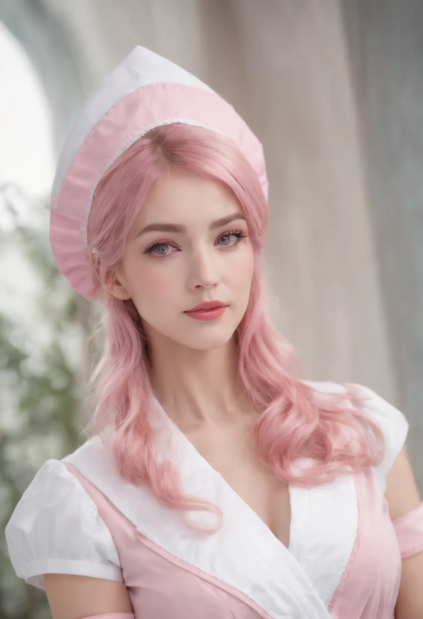 1fille, Chef-d oeuvre, Best quality, complexe, Portrait de Nei, ((NEI du jeu Phantasy Star 2)), photoreallistic, Beautiful goddess young woman,((Extremely detailed pink eyes Iris)), ((very long pink hair)), ((Pink nurse's cap)), ((sourcils roses)), ((elf ears)), ((Grand sourire)), ((dents visibles)), ((Wear a detailed sexy pink nurse's blouse)), ((Bas blancs)), ((Pink nurse's short skirt)), ((Posant)), A detailed hospital lobby in the background, Natural morning lighting, Digital Art Station, visage parfait, Disque dur, 32K, 4k background, high resolucion, Ultra pointu, corps parfait, ((visage parfait)), ((petits seins)) --auto