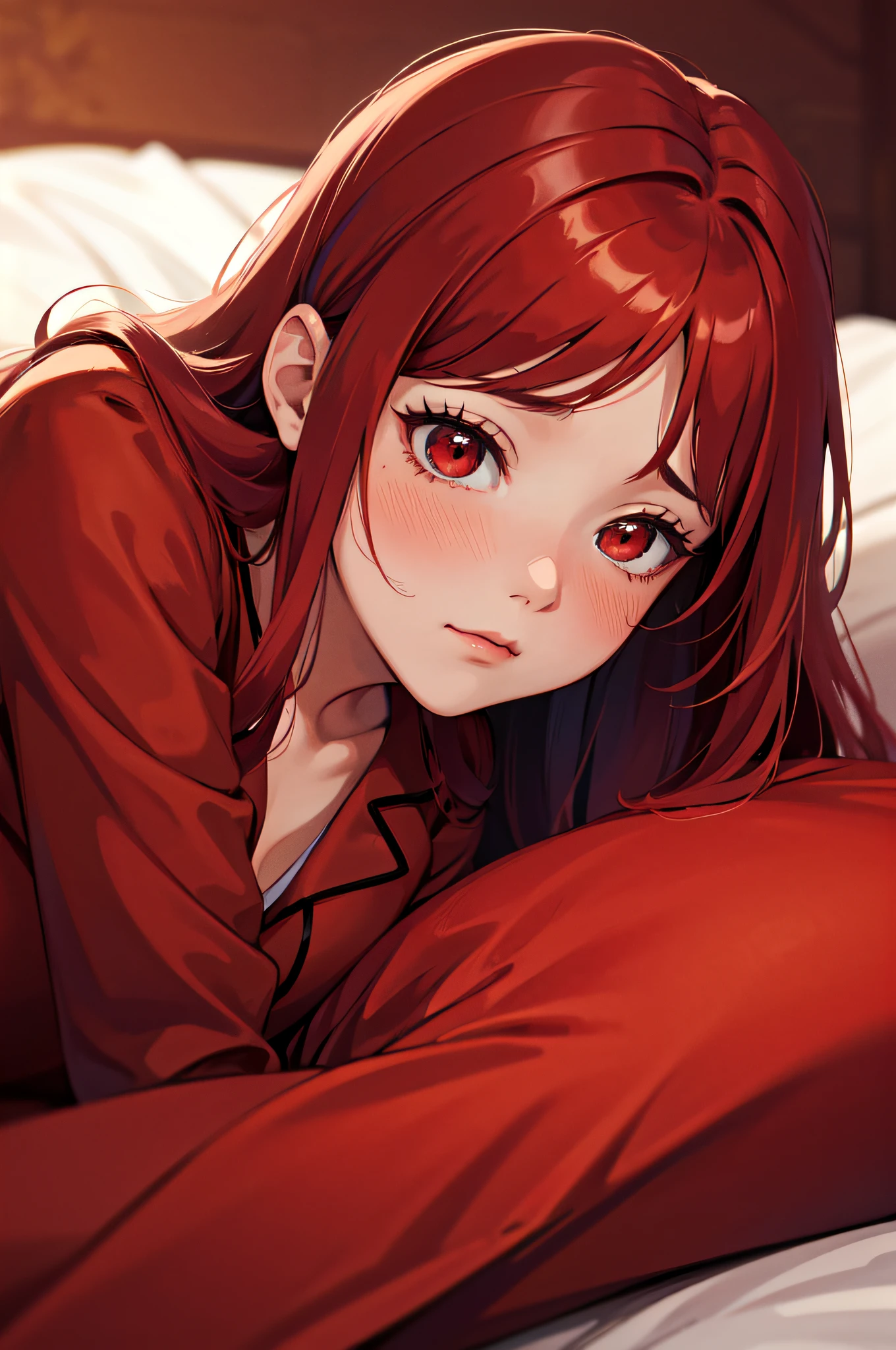Masterpiece, Best Quality, highres, 1Girl, Solo, red hair, long wavy hair, red Eyes, Upper body only, fantasy bed background, Fantasy pajama Clothing, red clothes, lying on bed, pregnant, face blush