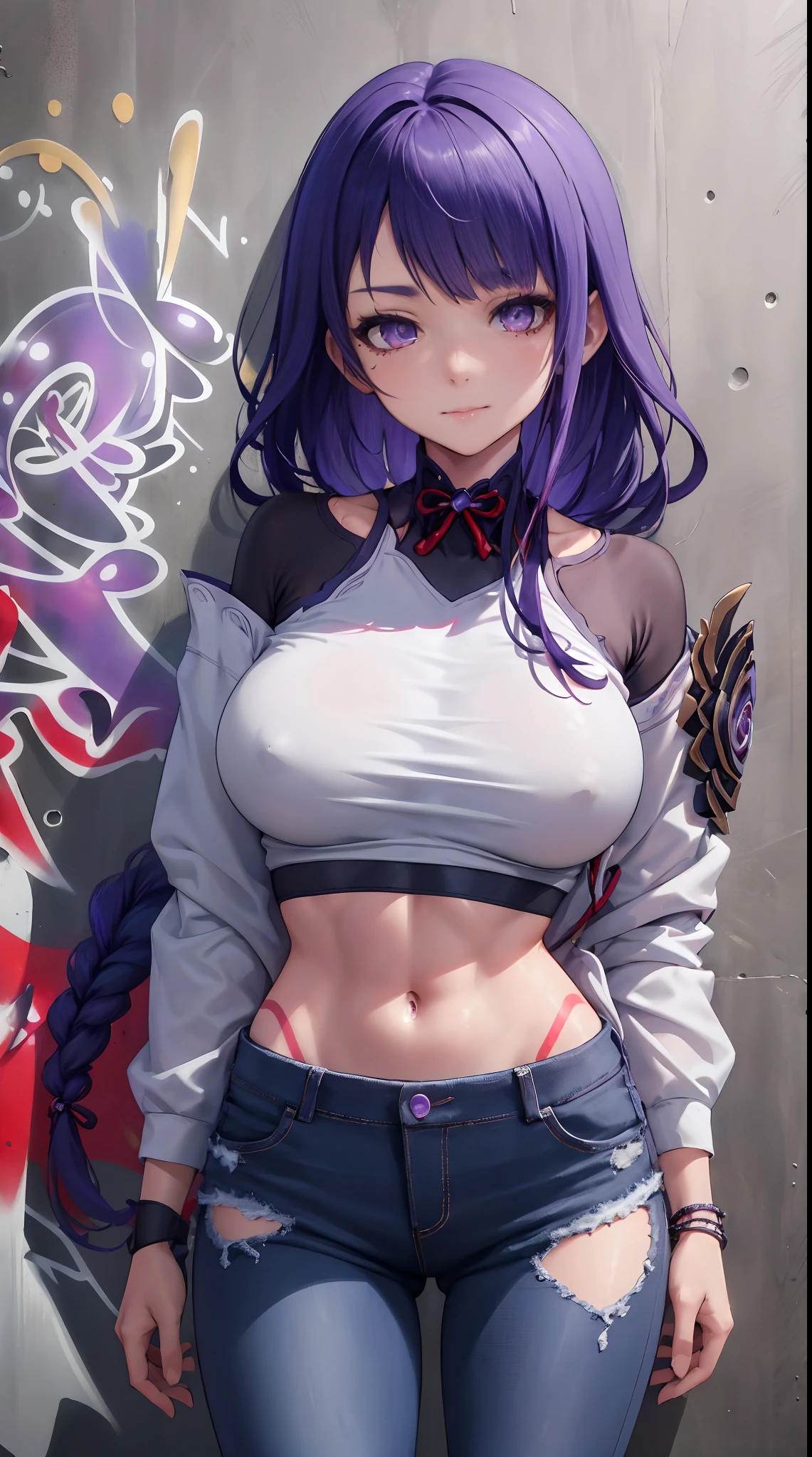 Raiden Shogun Genshin Effects Effects, master-piece, bestquality, 1girls, bara, crop top, Black long sleeve coat, shorts jeans, choker, (Graffiti:1.5), color splashes, arm behind back, against wall, looking at the audience, bracelet, Thigh strap, Head tilt, bored, multicolored hair, water eyes, headset,