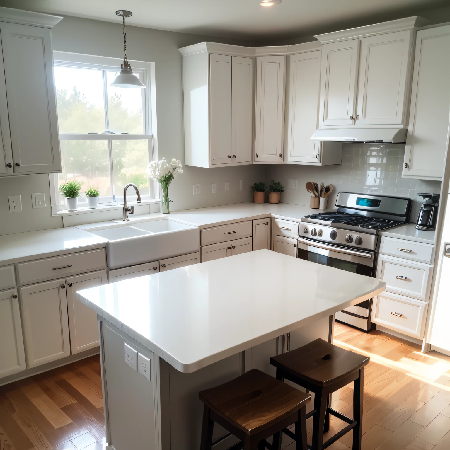 white cabinets and gray countertop with Kitchen Island