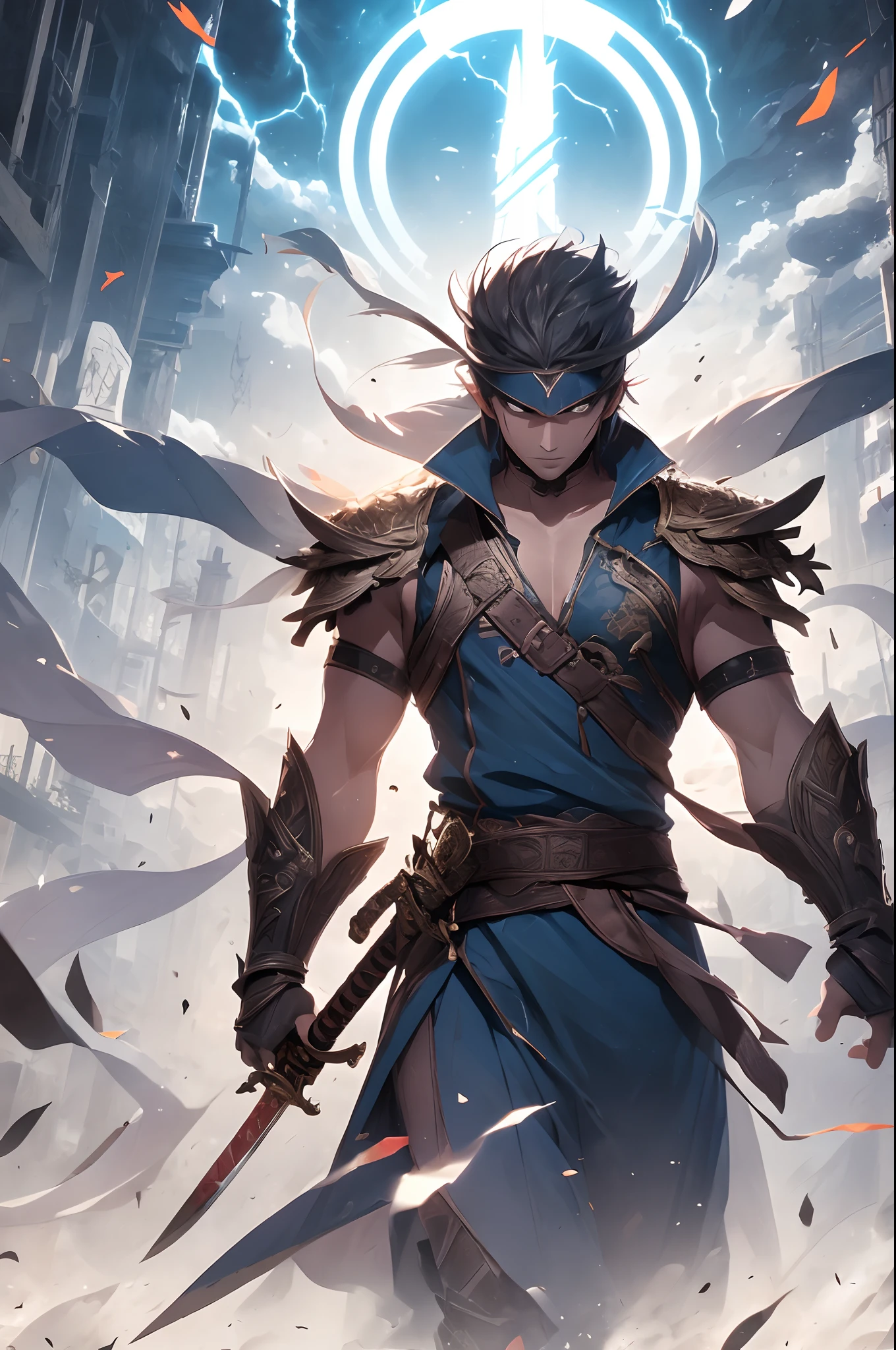 highly detailed, beautiful, small details, ultra detailed, best quality, digital illustration, detailed, intricate, 4k, good anatomy, intricate details, masterpiece, (illustration:1.1), highres, masterpiece, detailed shadows, amazing detail, yasuo, league of legends, yasuo_(league_of_legends), 1boy, weapon, male focus, sword, facial hair, solo, beard, sheath, ponytail, brown hair, holding, long hair, holding weapon, armor, brown eyes, outdoors, holding sword, katana, muscular, tree, looking at viewer