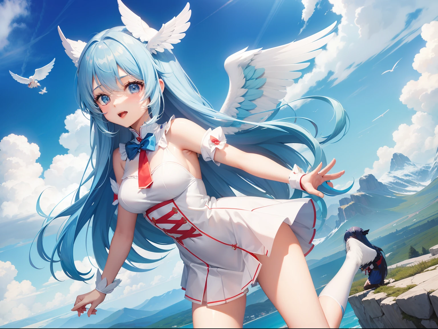 Cute girl characters With the Wings of an Angel、Flying over the mountains。long hair with blue hair((Girl Character))、Red and white costume、Girl Character、full body Esbian、Pastel colors hair、masutepiece、top-quality、full bodyesbian