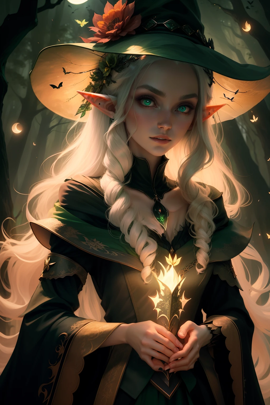 1woman witch shot of beautiful elf mage, wearing a witch hat, pale skin, windblown green hair, long pointy ears, simple armored dress, a black cat sitting behind her feet , reading a glowing book, flower diadem, glowing butterfly, forest, ruins, moon, volumetric lighting, best quality, masterpiece, green eyes, glowing eyes, ultra-detailed