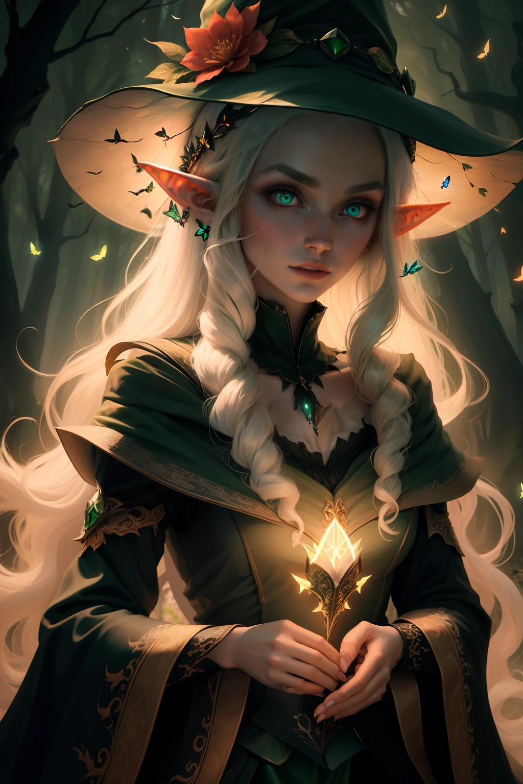 1woman witch shot of beautiful elf mage, wearing a witch hat, pale skin, windblown green hair, long pointy ears, simple armored dress, a black cat sitting behind her feet , reading a glowing book, flower diadem, glowing butterfly, forest, ruins, moon, volumetric lighting, best quality, masterpiece, green eyes, glowing eyes, ultra-detailed
