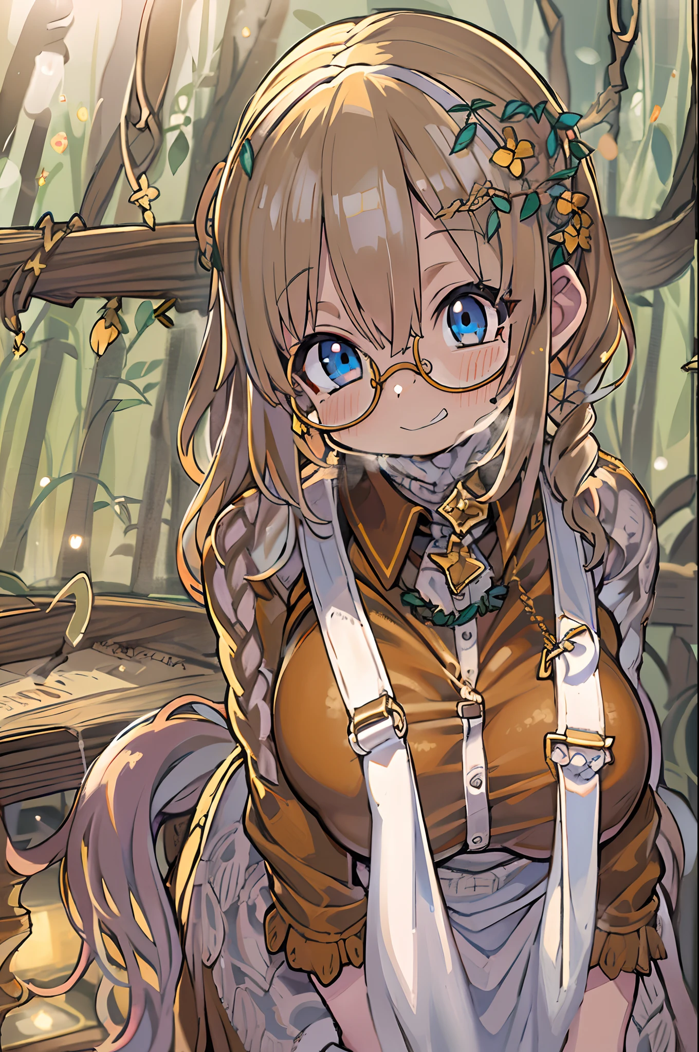 Solo, 1girl in, masutepiece, Best Quality, ighly detailed, Cinematic lighting, intricate detailes, hight resolution, Official art, Dense beautiful face and eyes, High resolution illustration, 8K, Dark intense shadows, Overexposure, [Blonde hair/Brown hair], Single braid, Blue eyes, Glasses, smug, sit a chair, Upper body, Large breasts, whiteshirt, Yellow suspenders, Boken_stack, Library, ((vine)), Rose, Looking at the viewer