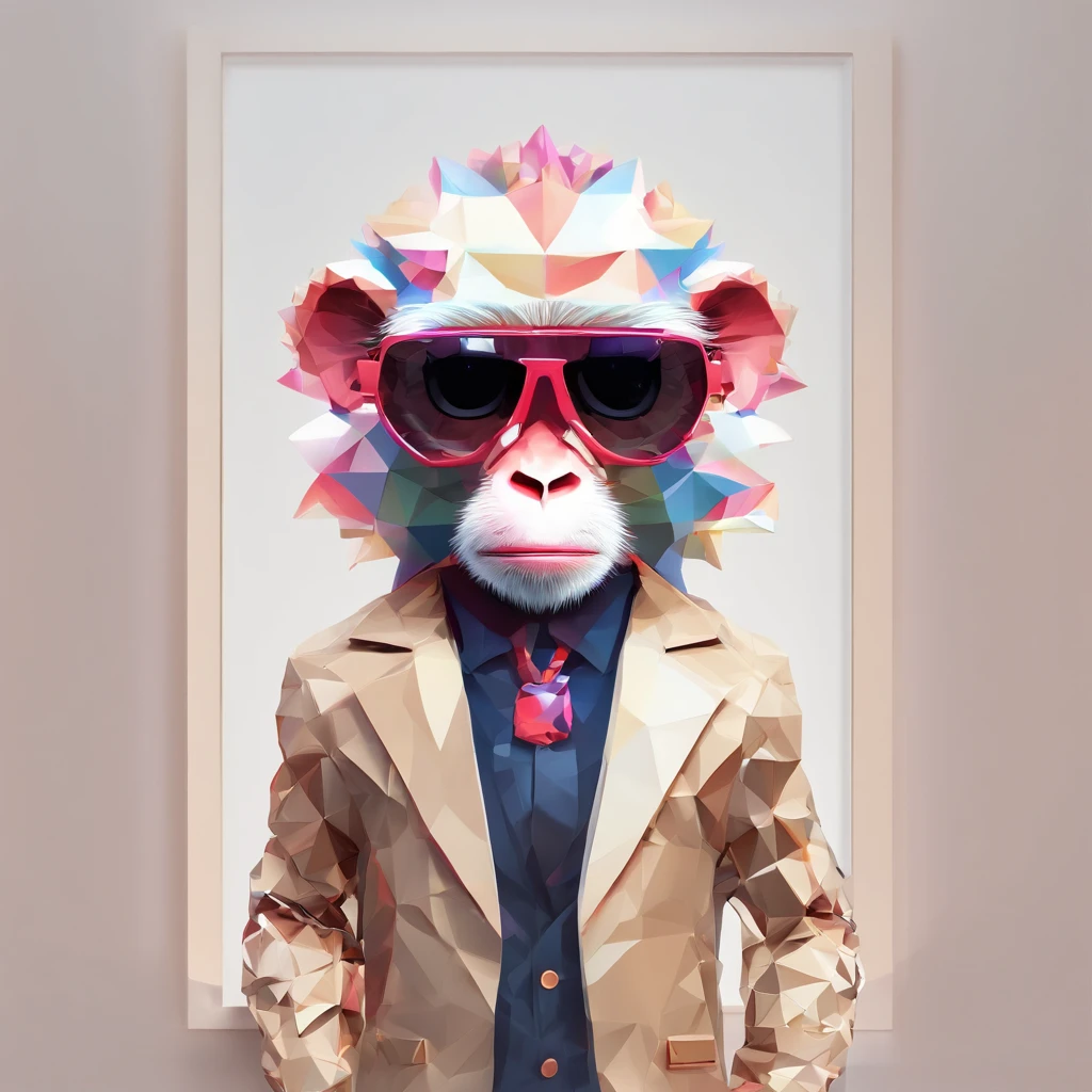 Perfect alignment, Cute little monkey in a jacket,Crystal vase,Rose flower, wearing sunglasses, cheerfulness, Standing position, abstract beauty, centered, looking at the camera, facing the camera, approaching perfection, dynamic, Highly detailed, Smooth, sharp-focus, 8K, hight resolution, illustartion, art by Carne Griffiths and Wadim Kashin, whitebackground、Multi-colored sunglasses、Wearing a baseball cap