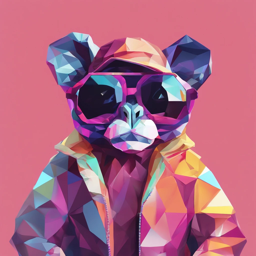 Perfect alignment, Cute little monkey in a jacket，Crystal vase，Rose flower, wearing sunglasses, cheerfulness, Standing position, abstract beauty, centered, looking at the camera, facing the camera, approaching perfection, dynamic, Highly detailed, Smooth, sharp-focus, 8K, hight resolution, illustartion, art by Carne Griffiths and Wadim Kashin, whitebackground、Multi-colored sunglasses、Wearing a baseball cap