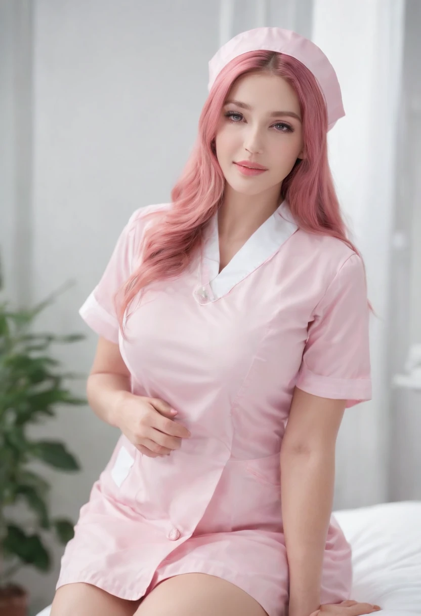 1fille, Masterpiece, Best quality, complexe, Portrait de Nei, ((NEI du jeu Phantasy Star 2)), photoreallistic, Beautiful goddess young woman,((Extremely detailed pink eyes Iris)), ((very long pink hair)), ((Pink nurse's cap)), ((sourcils roses)), ((elf ears)), ((Grand sourire)), ((dents visibles)), ((Wear a detailed sexy pink nurse's blouse)), ((Bas blancs)), ((Pink nurse's short skirt)), ((assise sur un lit d'hopital)), A detailed hospital lobby in the background, Natural morning lighting, Digital Art Station, visage parfait, Disque dur, 32K, 4k background, high resolucion, Ultra pointu, corps parfait, ((visage parfait)), ((petits seins)), ((Spread thighs)), ((vagin visible)) --auto