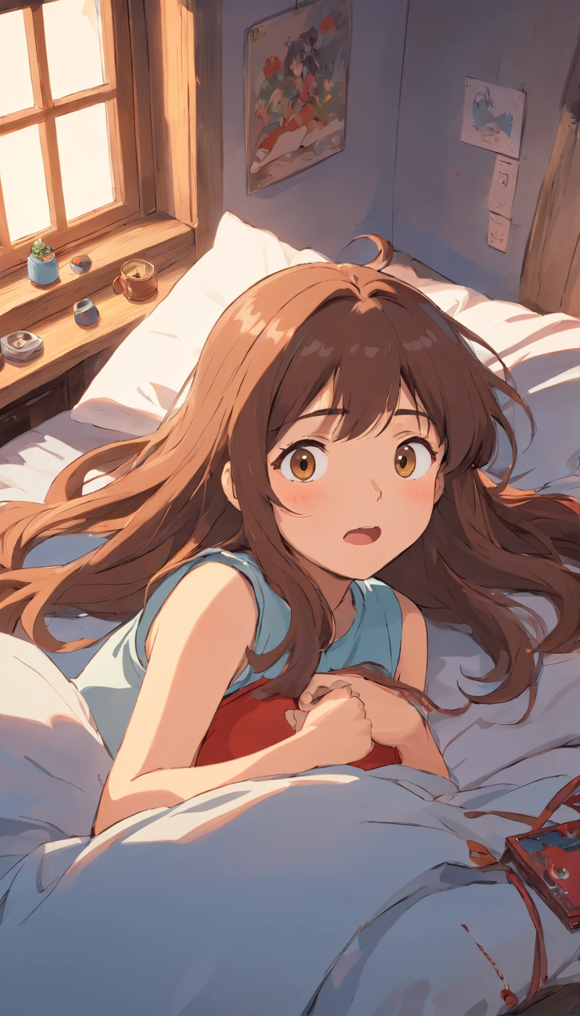 A girl with long brown hair,lying in bed,surprise face,6 a.m,messy room.