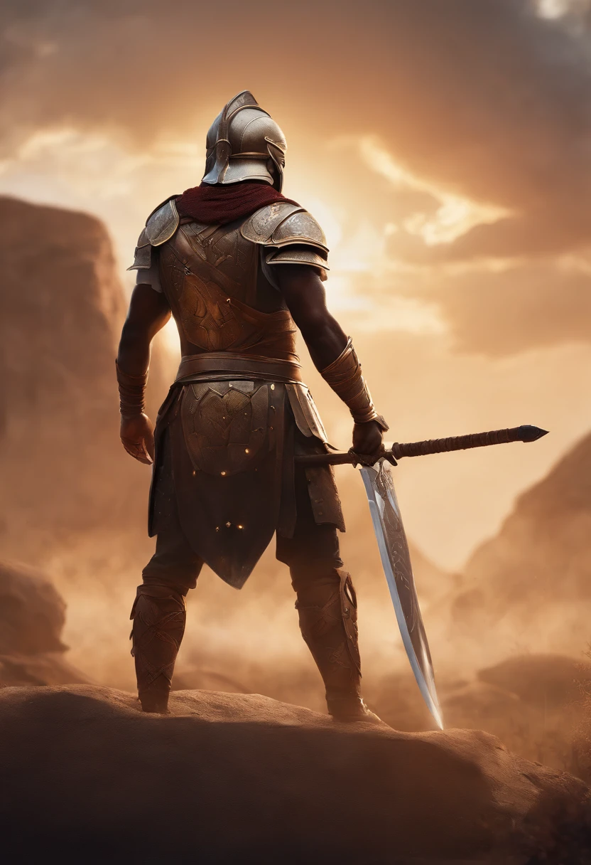 African gladiator armour, ancient celestial battle field background a close up of a man with a sword and a helmet, concept art of a warrior, heroic fantasy character concept, warrior character design, rpg concept art character, warrior dnd character, 8 k character concept art, 8k character concept art, game character concept art, male warrior, painted as a game concept art, concept art character, riot games concept art