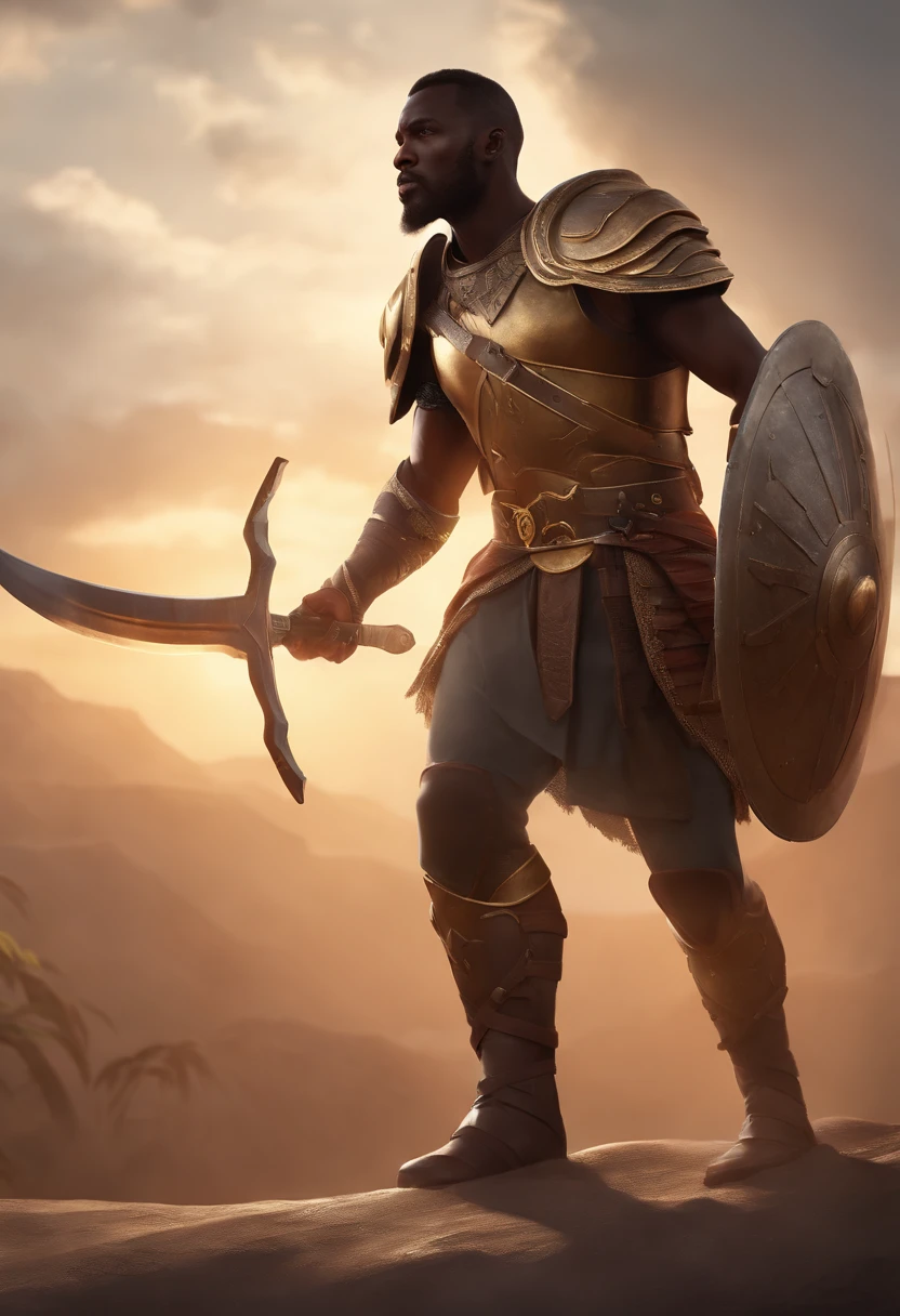 African gladiator armour, ancient celestial battle field background a close up of a man with a sword and a helmet, concept art of a warrior, heroic fantasy character concept, warrior character design, rpg concept art character, warrior dnd character, 8 k character concept art, 8k character concept art, game character concept art, male warrior, painted as a game concept art, concept art character, riot games concept art