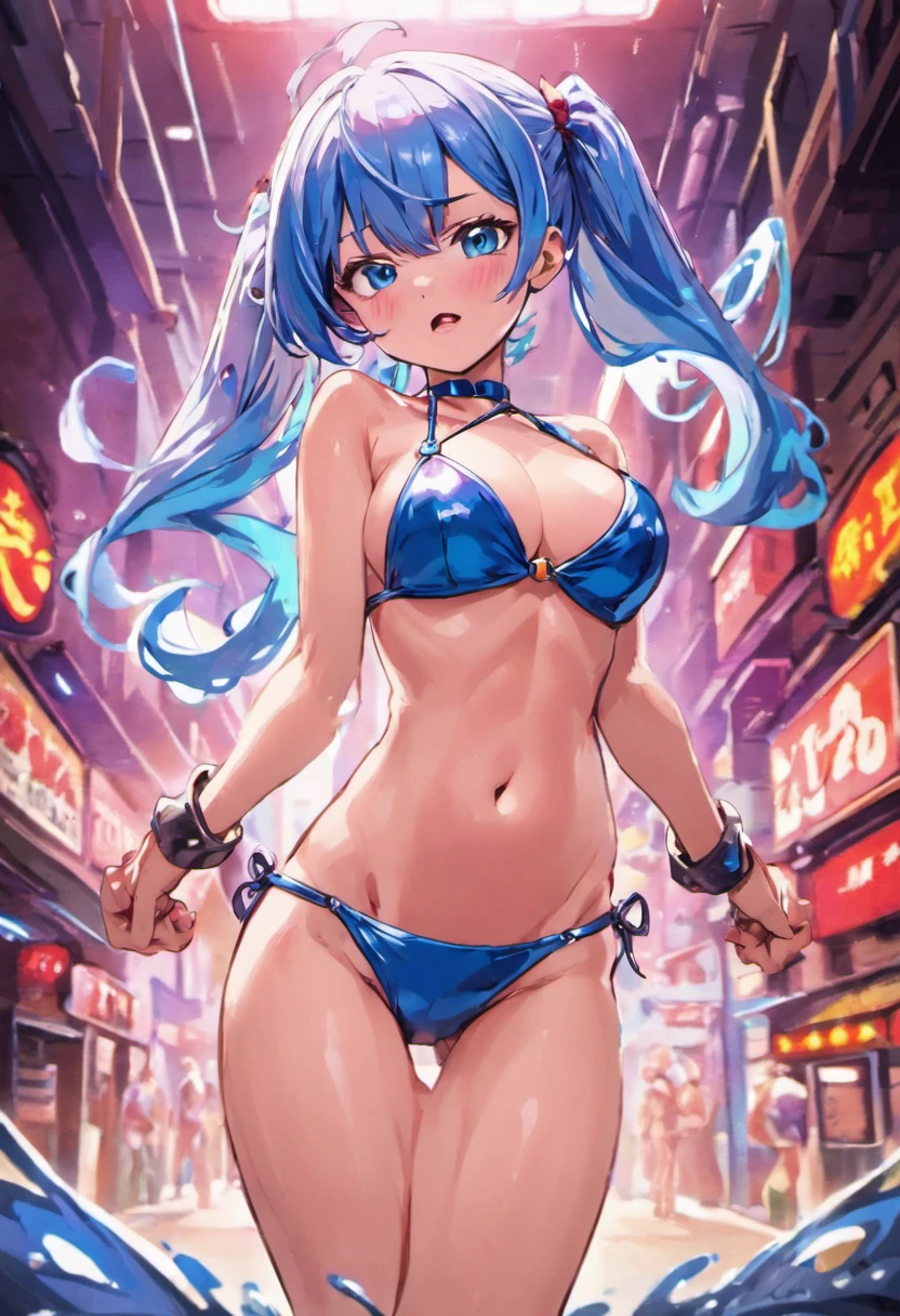 Petite Japan anime girl, (Correct human anatomy),1 girl, (of the highest quality, masutepiece), Looks Back, Look at viewers, Twin-tailed, Blue-haired, (beautiful shiny blue eyes), (Small breasts, cleavage:1.2), (Beautiful ass, Toned buttocks:1.3), The bikini, Hands on hips, Cowboy Shot, Hands on hips, a panoramic view, BREAK, (Hip digging bikini), (Glossy colorful bikini), Dynamic and colorful backgrounds,