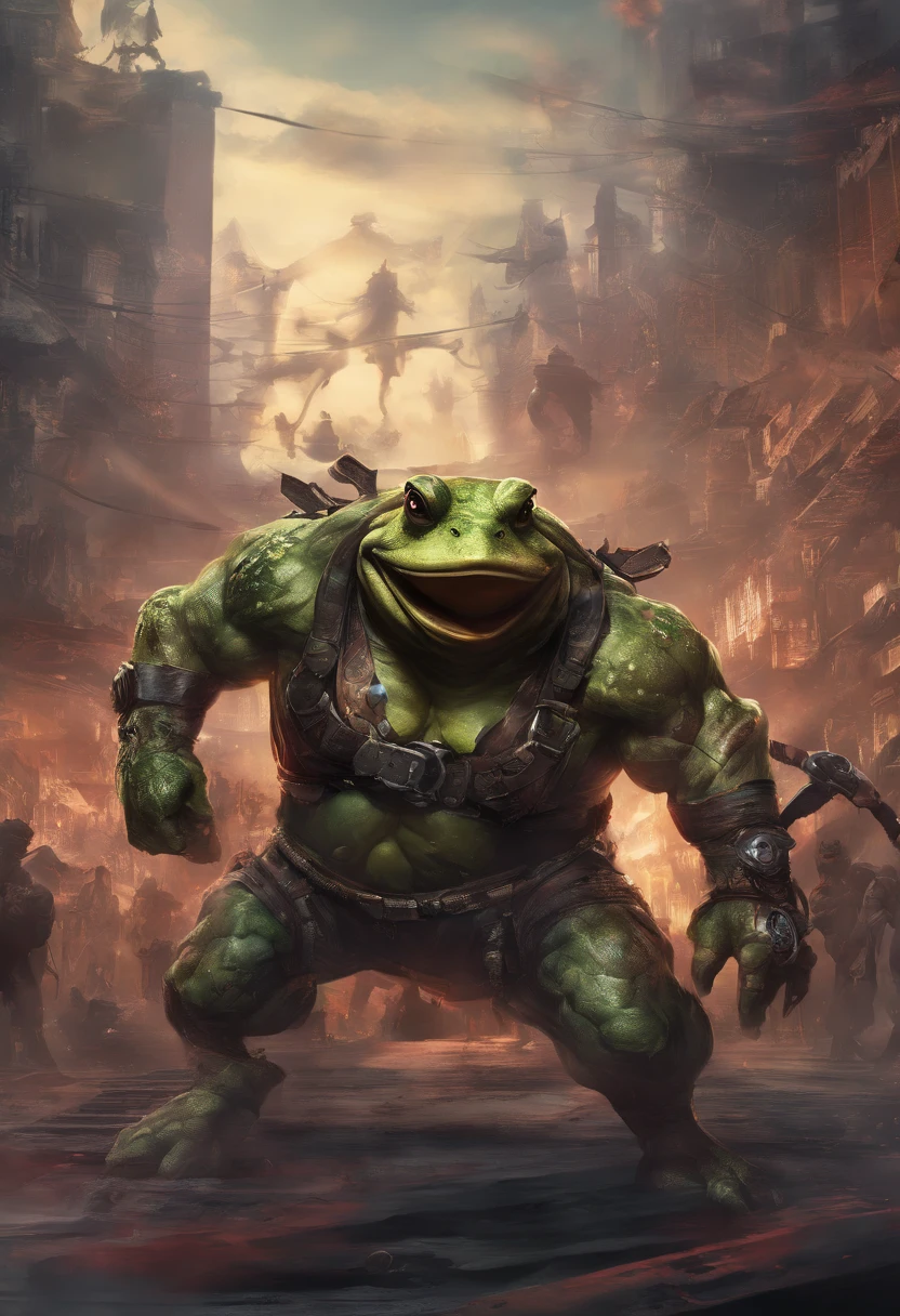 ((cinematic photography)), ((tmasterpiece)), 2 Anthropomorphic humanoid toads in fighting clothes, Fighting in the ring, intricate detials, intricate Greebles figures, The city behind, muscled body, muscular arms, Fighters, Strong