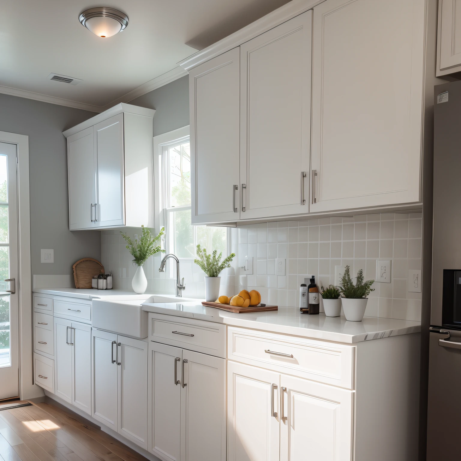 white cabinets and gray countertop with Sustainability