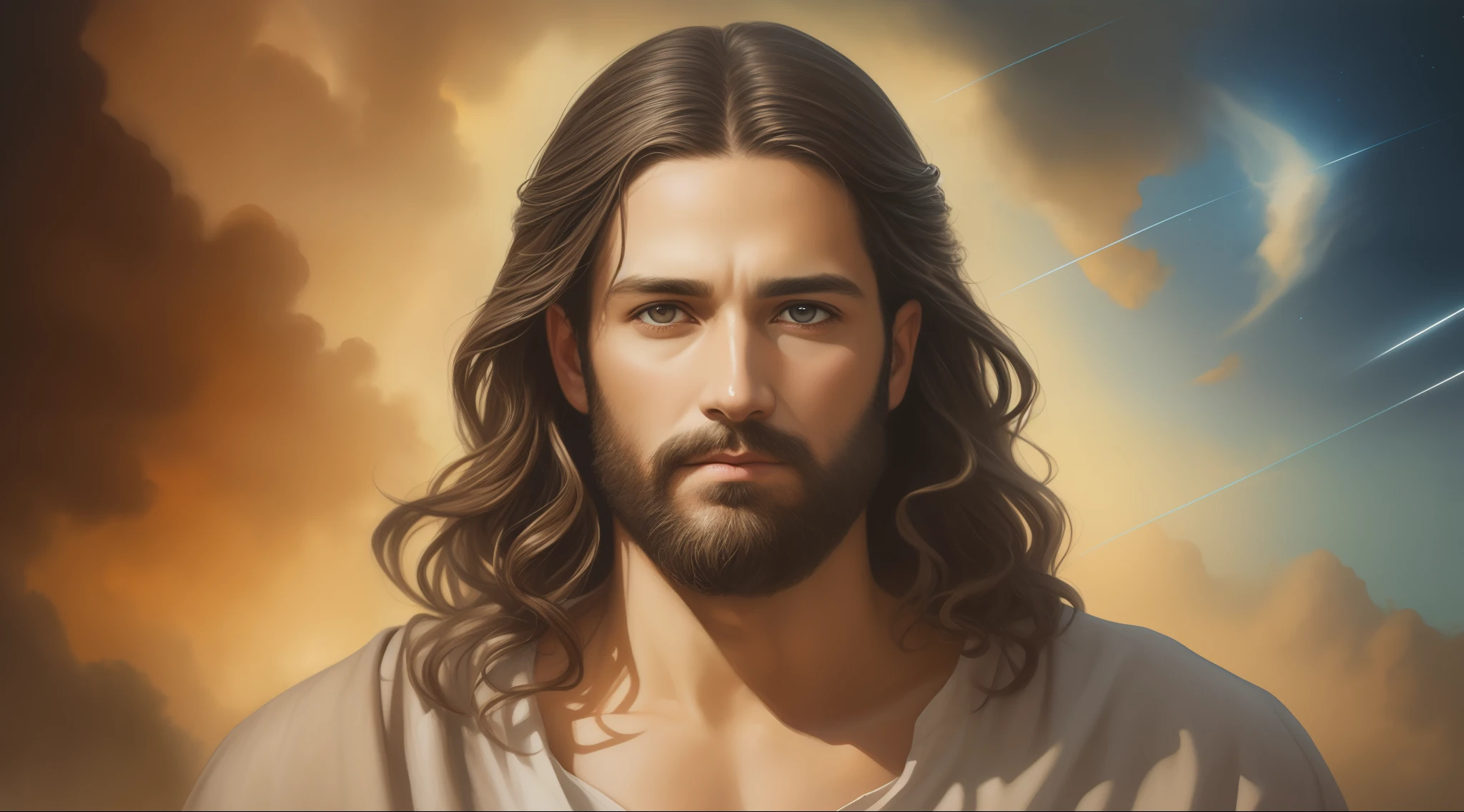 A beautiful ultra-thin realistic portrait of Jesus, the prophet, a 33 year old man Hebrew brunette, short brown hair, long brown beard, with open arms, wearing long linen tunic closed on the chest part, in front view, full body, biblical, realistic,by Diego Velázquez,Peter Paul Rubens,Rembrandt,Alex Ross,8k,Concept Art, PhotoRealistic, Realistic,  Illustration, Oil Painting, Surrealism, HyperRealistic, brush brushes, Digital art, style, watercolor, celestial background