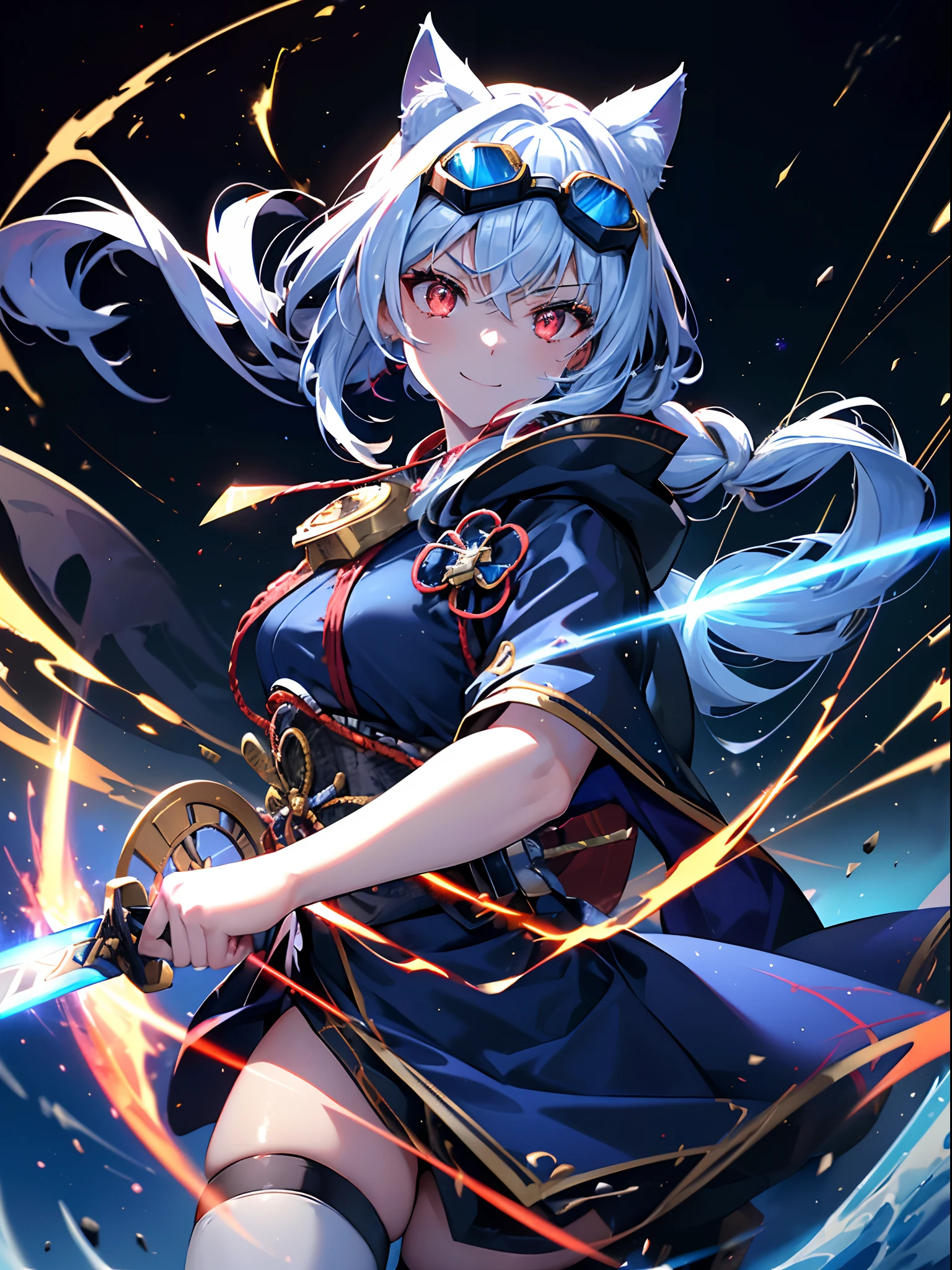 (Perfectly accurate white long hair:1.5),(She has cat ears:1.3) ,(hair messy:1.3),(Stardust Red Eyes:1.3), (perfectly detailed eyes:1.3),(Adult leeway:1.3),(Face Focus:1.3),(breast closeup:0.7), (Wear detailed blue goggle-shaped goggles on your head:1.4),(wrath:1.3),(Happy expression:1.3),(provocative smiling:1.3),(Maiden waiter:1.3),(Extended Video Angle:1.4),(A magical samurai wielding a fire torpedo:1.3),(Battle angles that unleash the magic of flames from your hands:1.3),(dance:1.3),Her skin is pale,(Blue, White and gold war samurai armed:1.3),(small tit:1.5),(Blue military uniform jacket with red straps on shoulders and back:1.3),(Black and gold and red pirate suit:1.3),(Blue Lightning Brave Sword:1.3),She is a handmaiden,Emitting an aura of light,(Face Zoom:1.3),Highest Quality, (Gripping the samurai's sword accurately:1.3),(Many blue glowing blades fly around her:1.3),Complex castle town,Lens Flare, Big rainbow,The moon shines,money, bloom, ((light glow)), chromatic abberation], Digital Painting, Insane details, Intricate details, Beautifully color graded, Anime Clothing,Unreal Engine, Cinematic , colour grading, Editorial Photography , Photography, Kiss Shot, Canon 5D Camera Photography,Shot on 70mm lens, Depth of subject, ultra sharpness, nffsw, octane, Unreal, Dramatic light, Global Illumination,Motion Picture Film,rainbow,lensflare,(Blue Cross and Shooting Star Aura Wave:1.3),(Blue samurai cloak、Red string:1.3),(Agfacolor:1.3),(close portrait:1.3),(Feminine:1.4),(Beautiful:1.4),(Attractive:1.3),Move an angle,Themed Background,