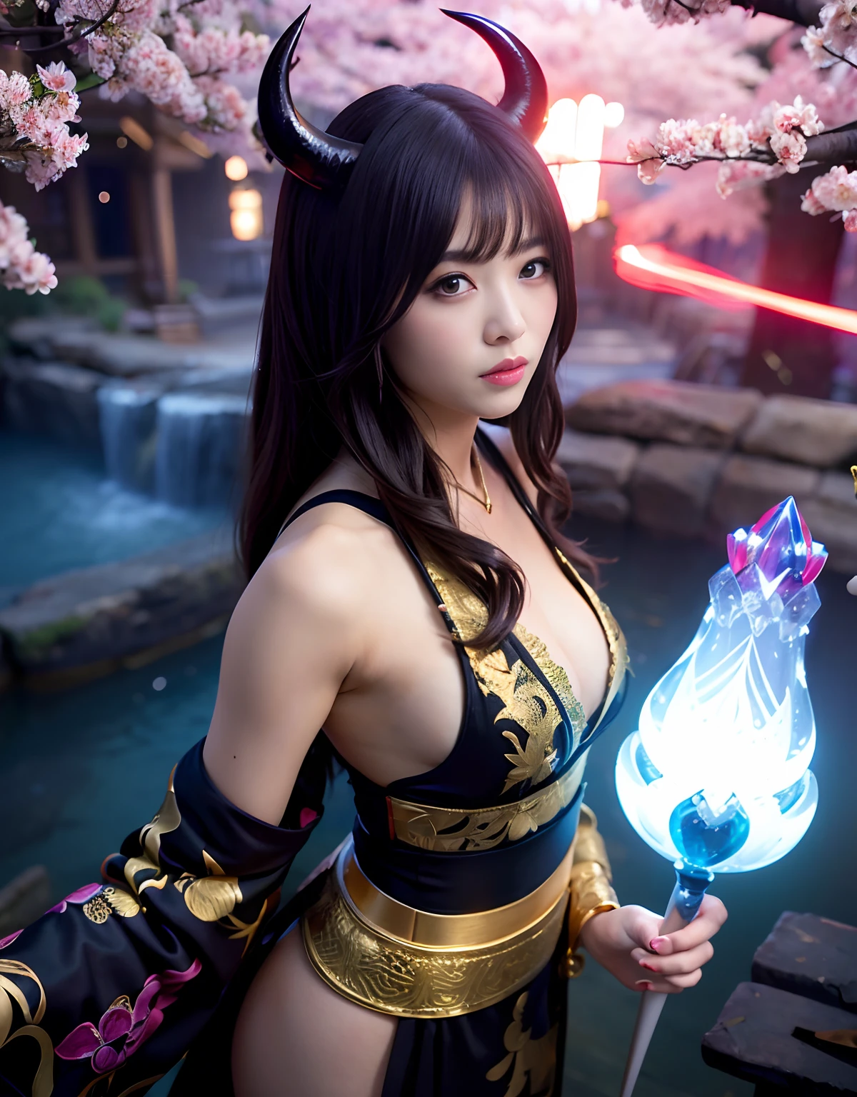 ((World of Darkness)),Professional , masterpiece、top-quality、photos realistic , depth of fields 、(sexypose)、(Background of cherry blossoms in full bloom),(Ultimate Beauty)、Black hair twintails、(White bikini armor)、(Kimono with beautiful pattern)、(Night background)、((a dark night)),(Wear a beautiful kimono),(Wear a beautiful kimono with colorful floral patterns)、Jewel Gold Weapon、Particles of light),(Has a devil's mask)、Gorgeous gold weapons ,(( Gorgeous Dragon Sword)) , (a dark night),,(maikurobikini) 、((Black Haired Beautiful Girl))、(Castle background)、(demonic wings)、((Gangle's forest background))、Beautiful Caucasian beauty、1a person、dynamic ungle,(((Two devil's horns on the head)))、Smaller head、Idle Smile、Thin and beautiful female hands、Mystical expression、Light Effects、intense fighting、Wind-effect、magic circles、With the legendary magic wand、Dragon's tail、Anatomically correct fingers、