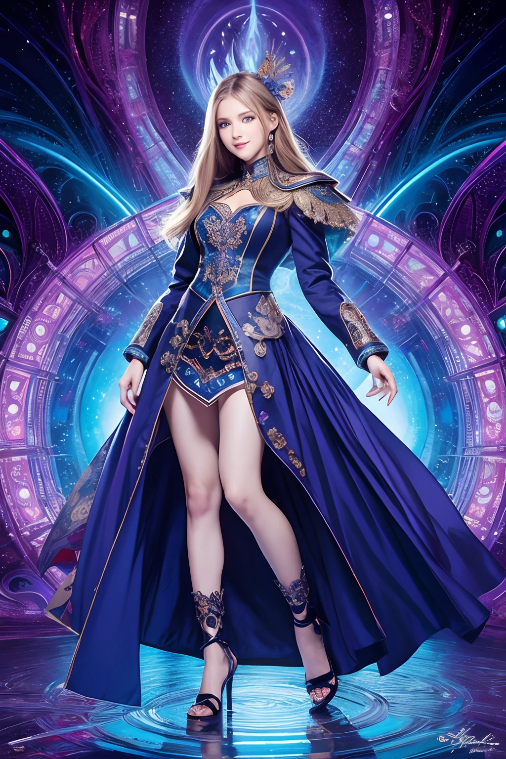 (tmasterpiece,top Quority,best qualtiy,offcial art,Beauty and aesthetics:1.2),full-body view、(1girl in),Extremely detailed,(s fractal art:1.3),highly colorful,best detailed,blue color eyes,22year old 、beautiful smiling face、